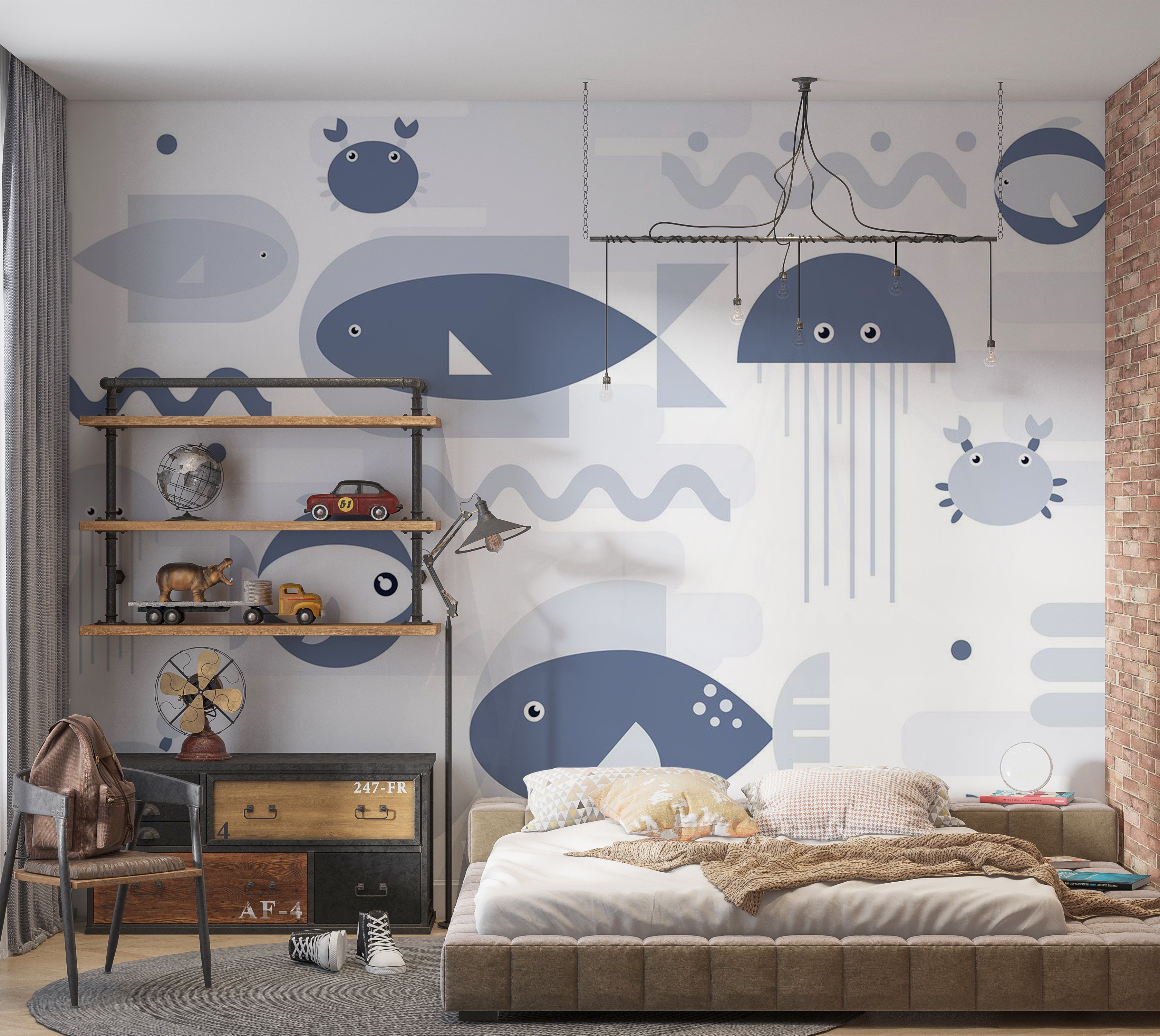 Kids Wallpaper Wall Mural - Geometric Fish and Crabs 39"Wx27"H / Standard