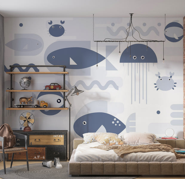 Kids Wallpaper Wall Mural - Geometric Fish and Crabs 39"Wx27"H / Standard