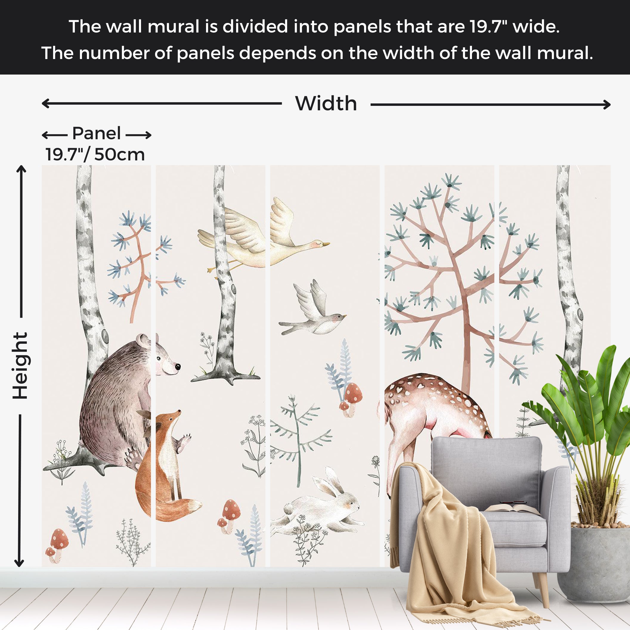 Kids Wallpaper Wall Mural - Watercolor Forest With Animals 39"Wx27"H / Standard