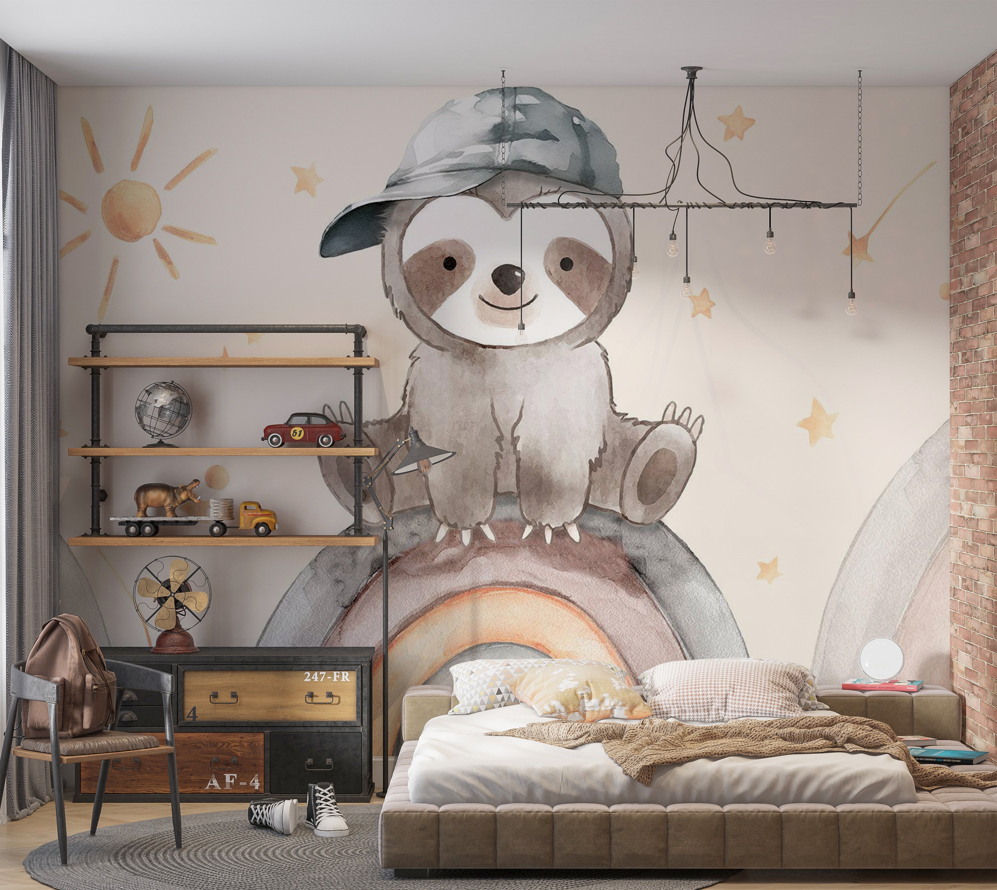 Kids Wallpaper Wall Mural - Little Sloth on a Rainbow 39"Wx27"H / Standard