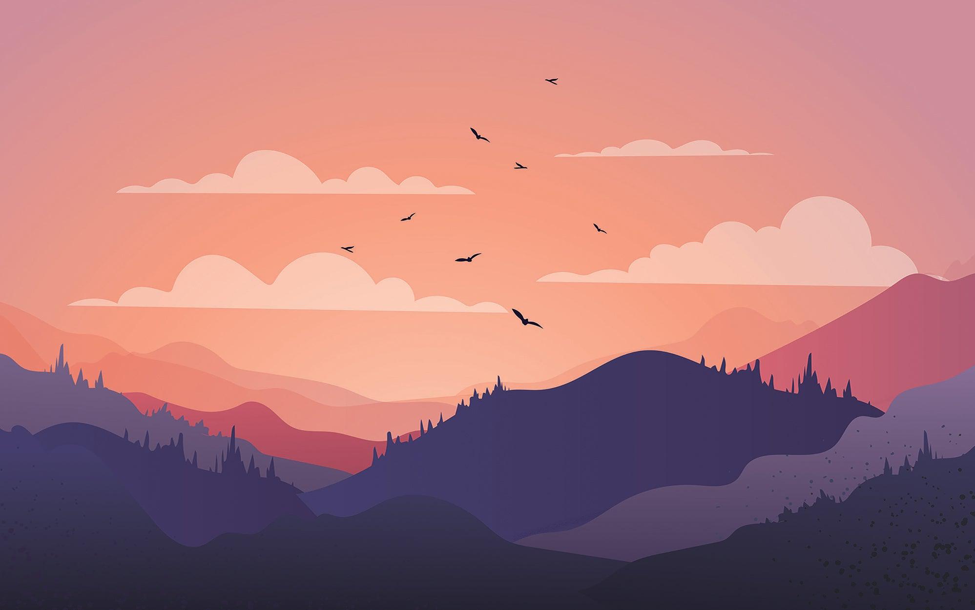 Wall mural of a mountain landscape at sunset with clouds and flying birds