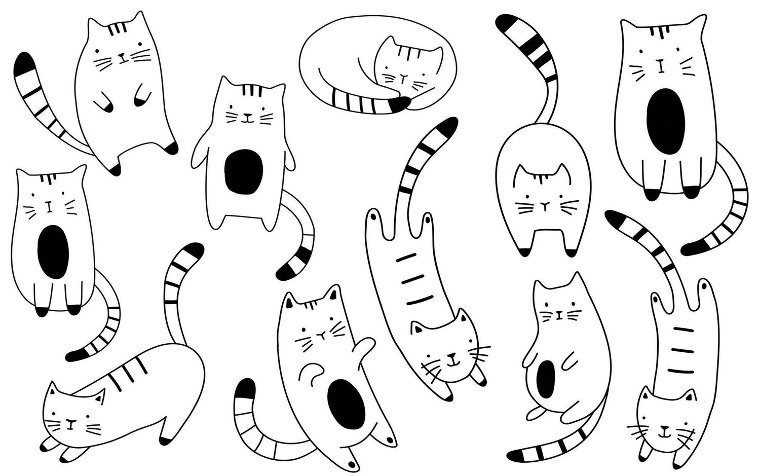 A black and white illustration of various playful and expressive cartoon cats on a wall mural.