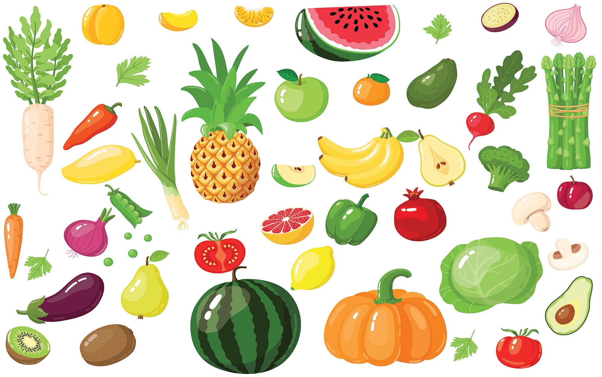 A vibrant selection of illustrated fruits and vegetables as a wall mural in an interior setting
