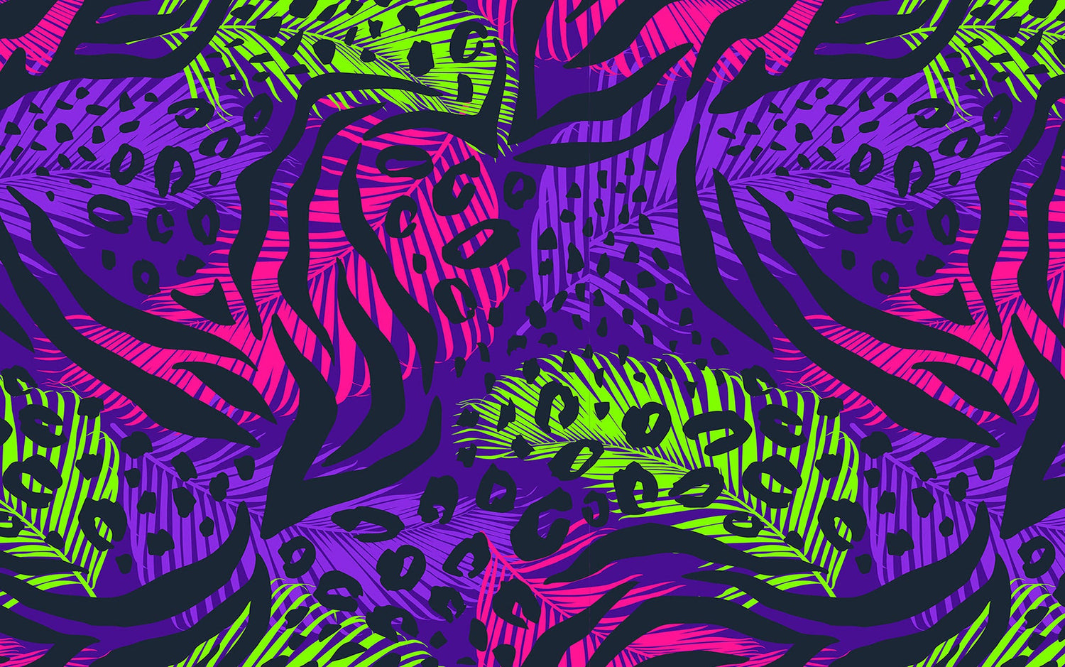 An abstract wall mural featuring a vibrant jungle theme with purple, green, and pink patterns.