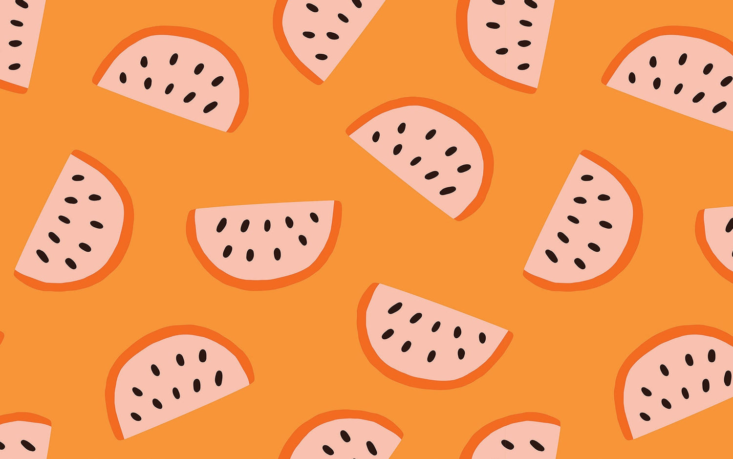 A vibrant orange wall covered with a mural of stylized watermelon slices