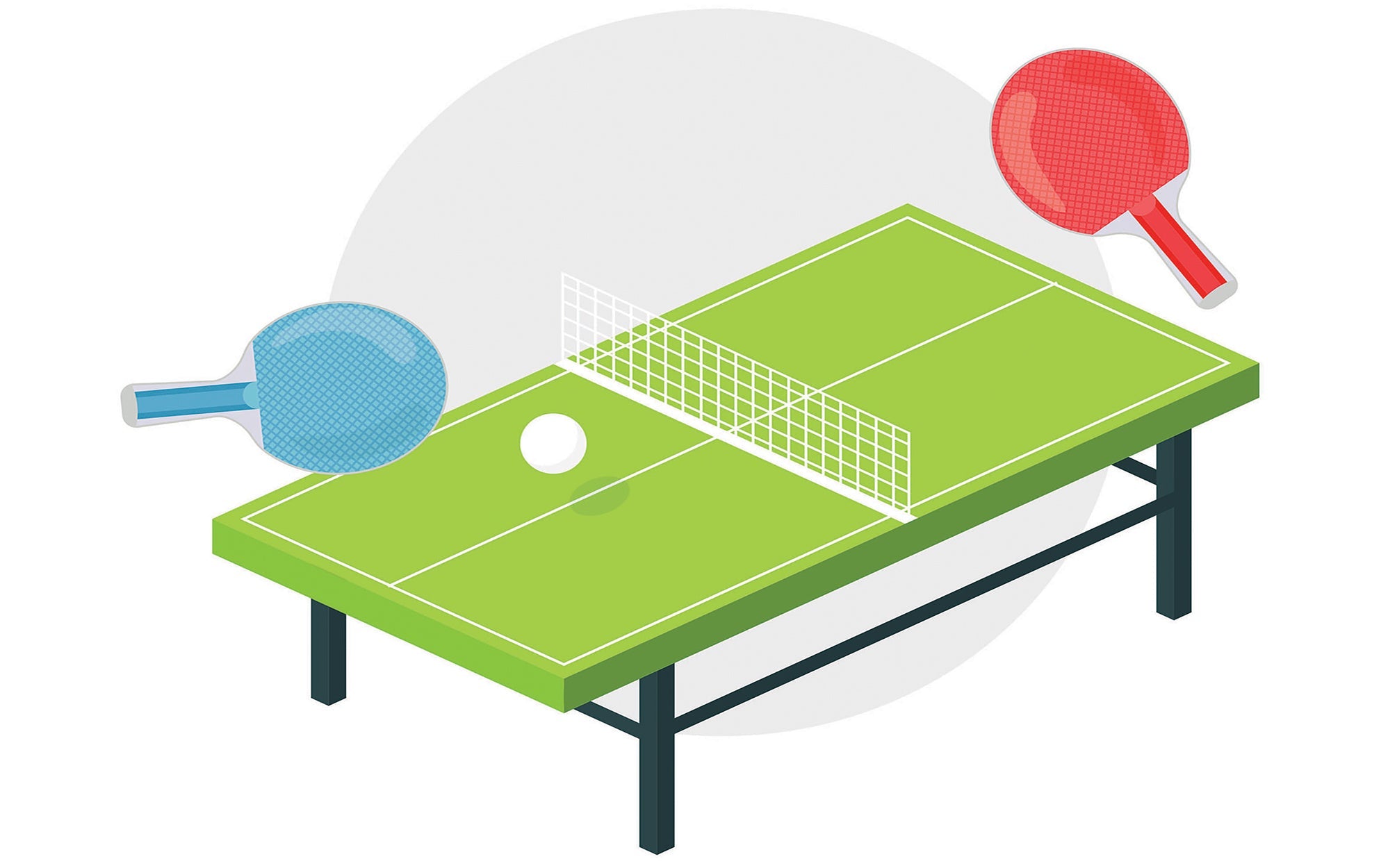 An isometric illustration of a table tennis setup with two paddles and a ball on a green table