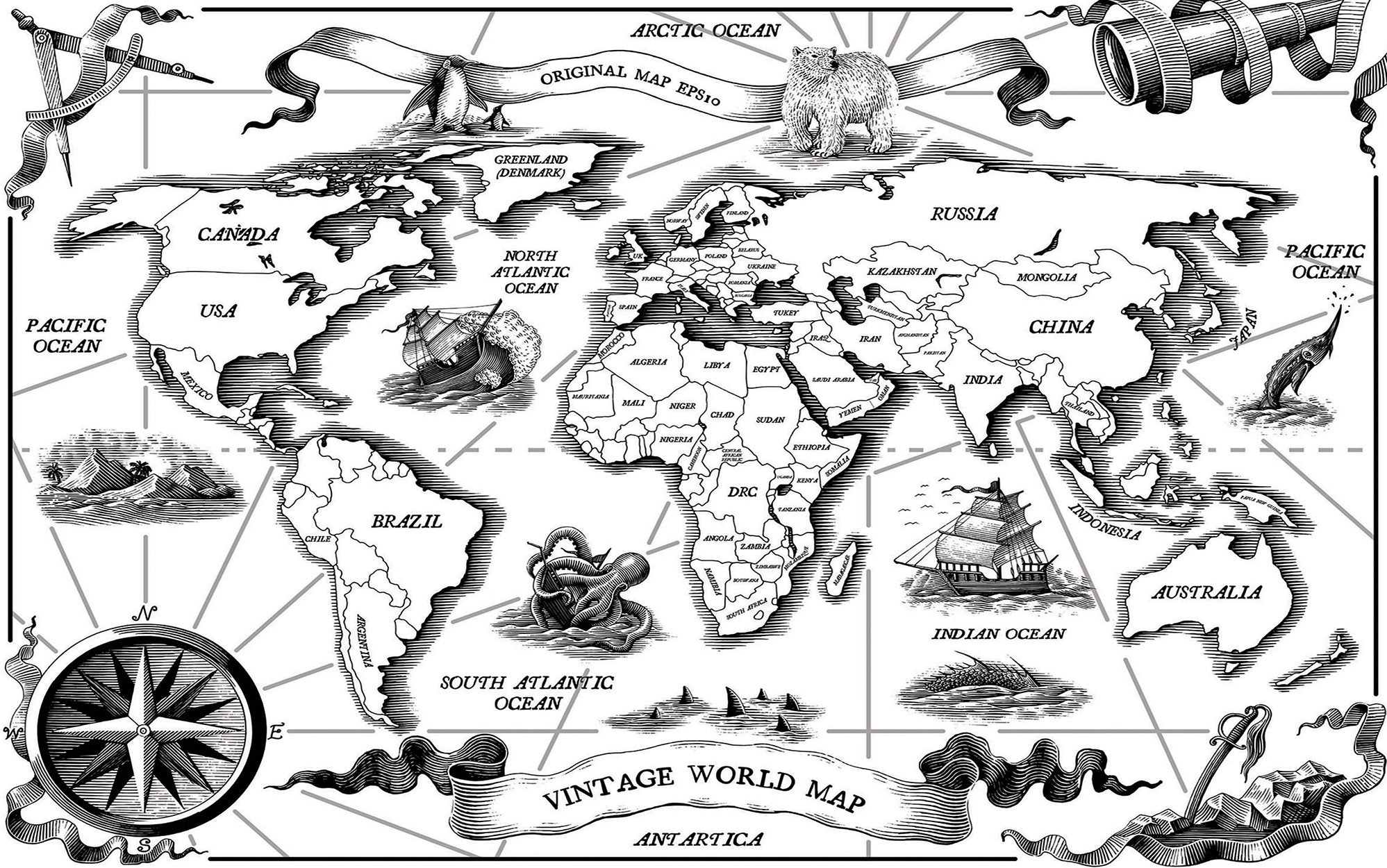 Black and white vintage world map with decorative elements on an interior wall.