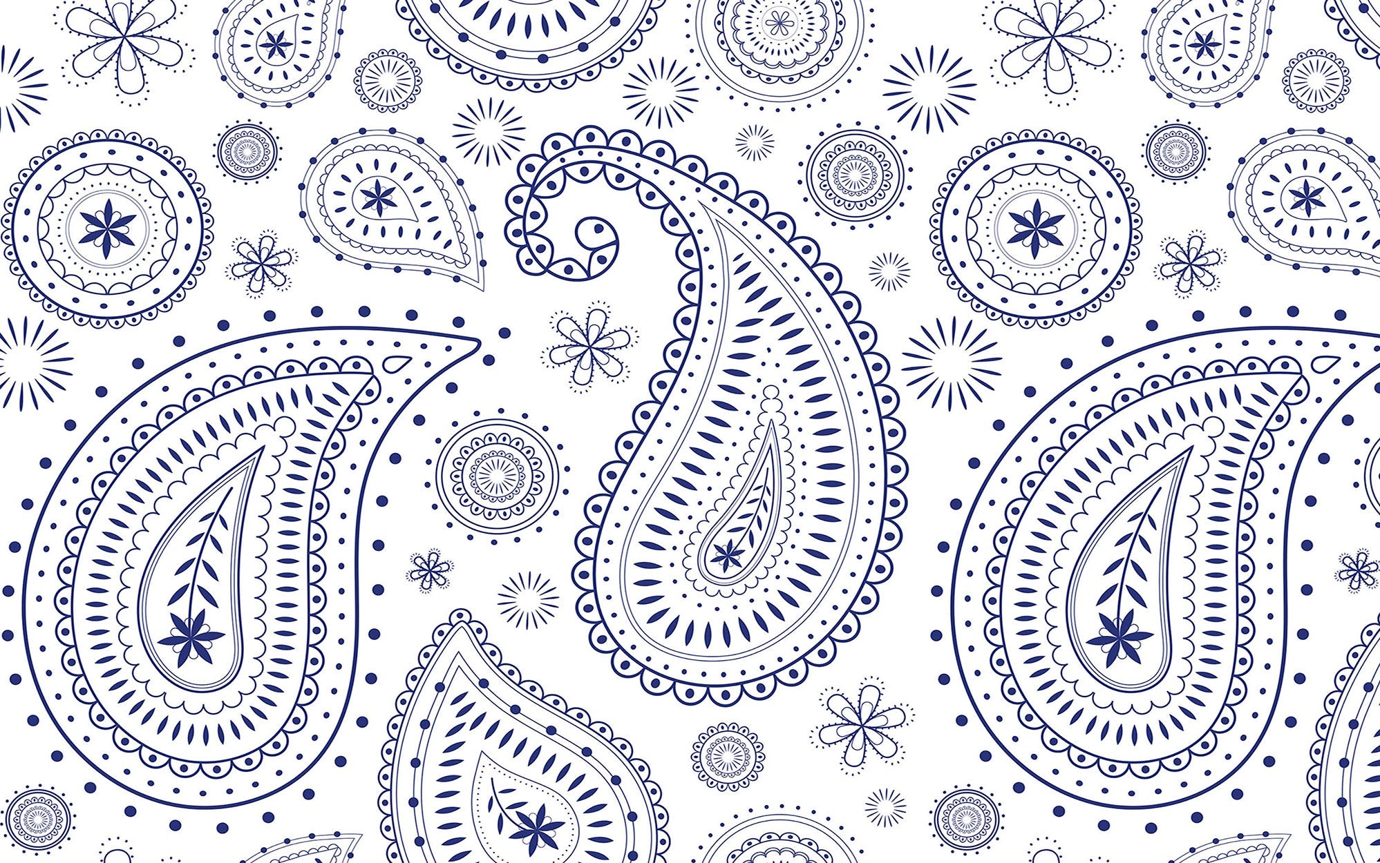 Intricate blue paisley pattern on a white wall mural in an interior setting