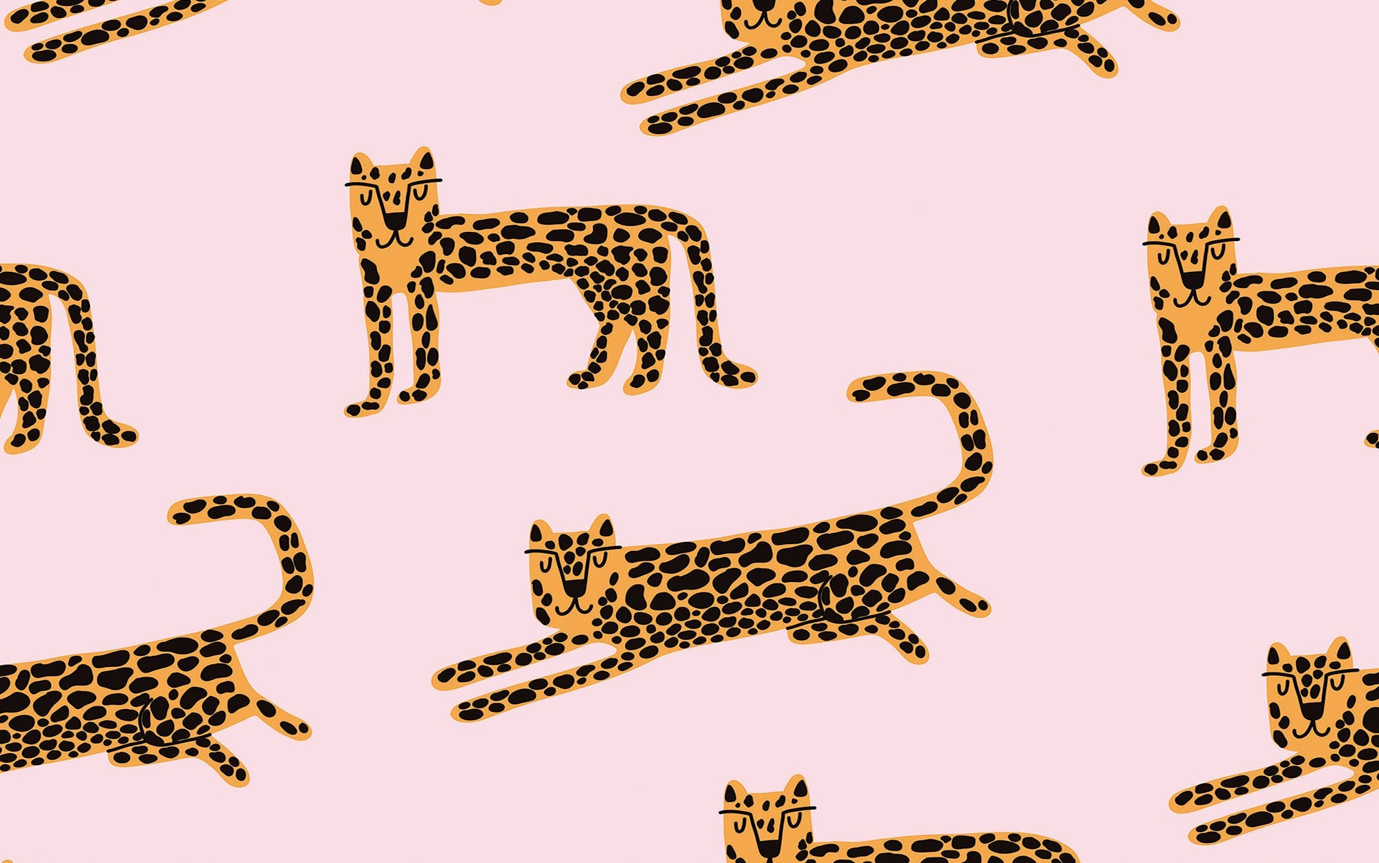 A playful and vibrant wall mural featuring a repeated pattern of stylized cheetahs on a pink background