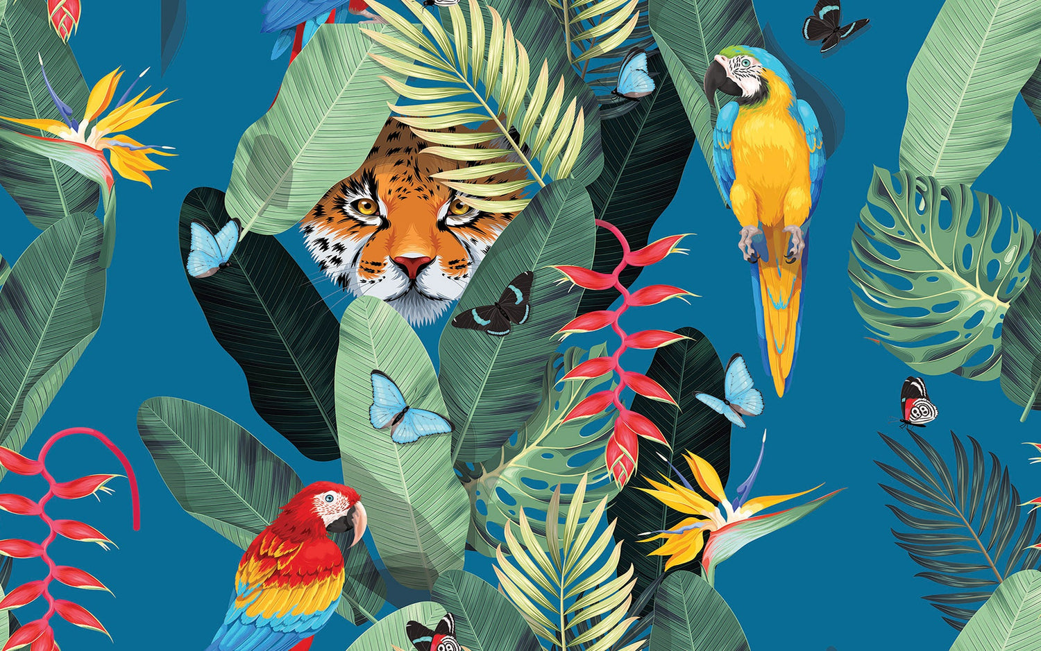 Vibrant tropical jungle mural with a tiger, parrots, butterflies, and lush foliage on a blue background.