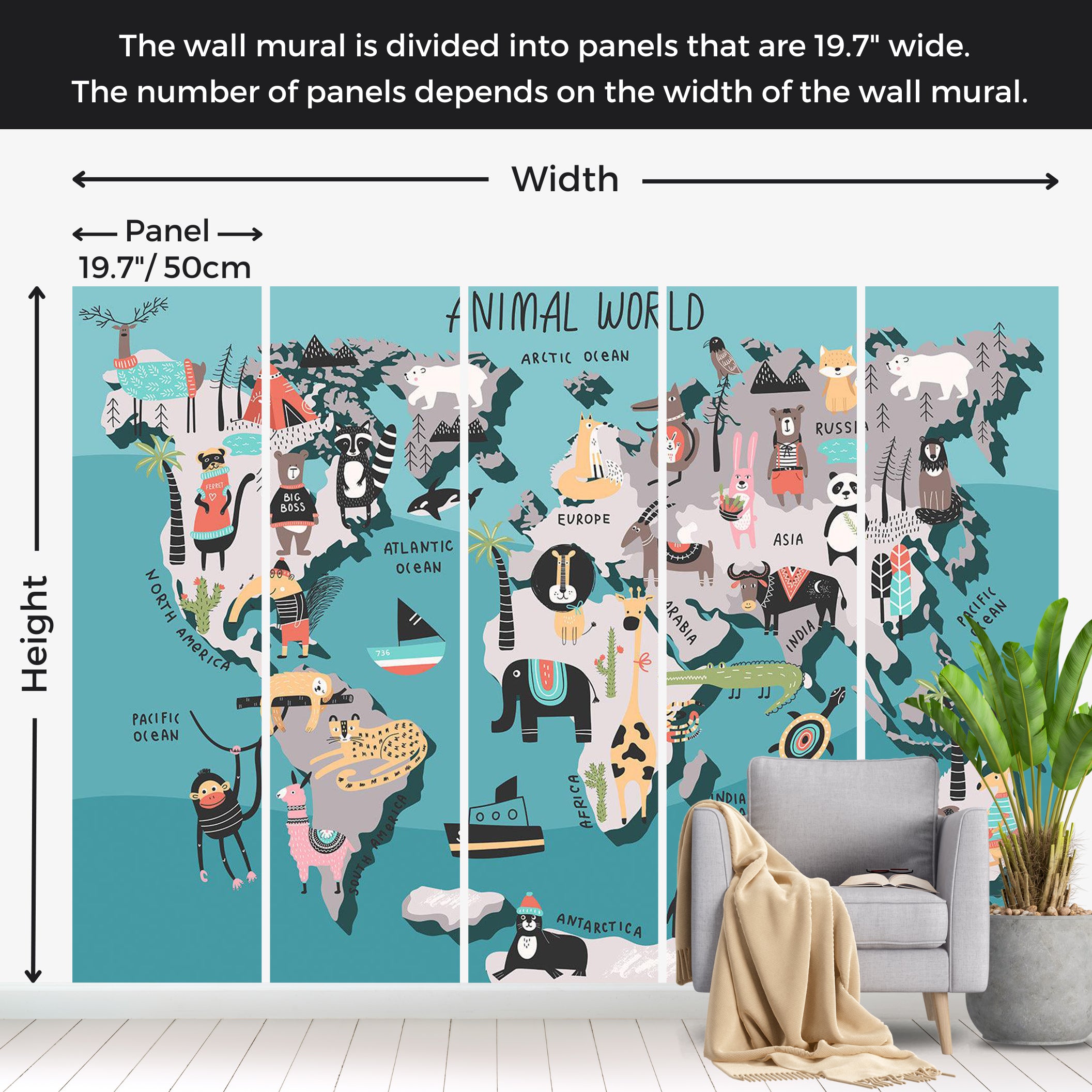 Kids Wallpaper Wall Mural - World Map With Animals 39"Wx27"H / Standard