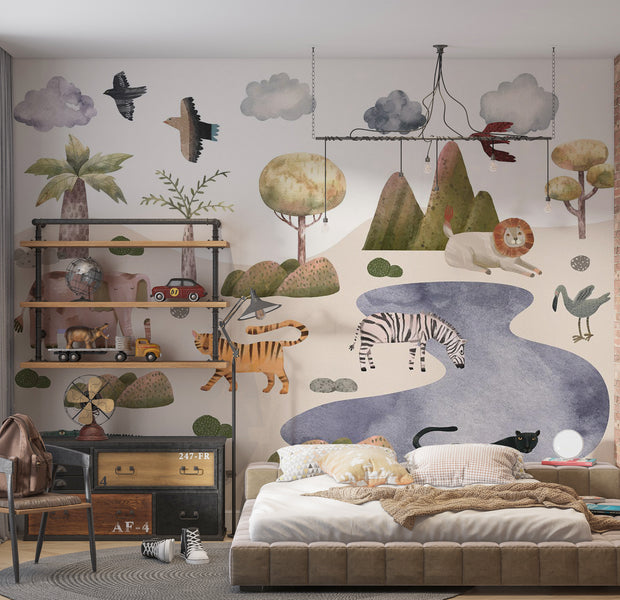 Kids Wallpaper Wall Mural - Savannah Animals in Pastel Colors 39"Wx27"H / Standard