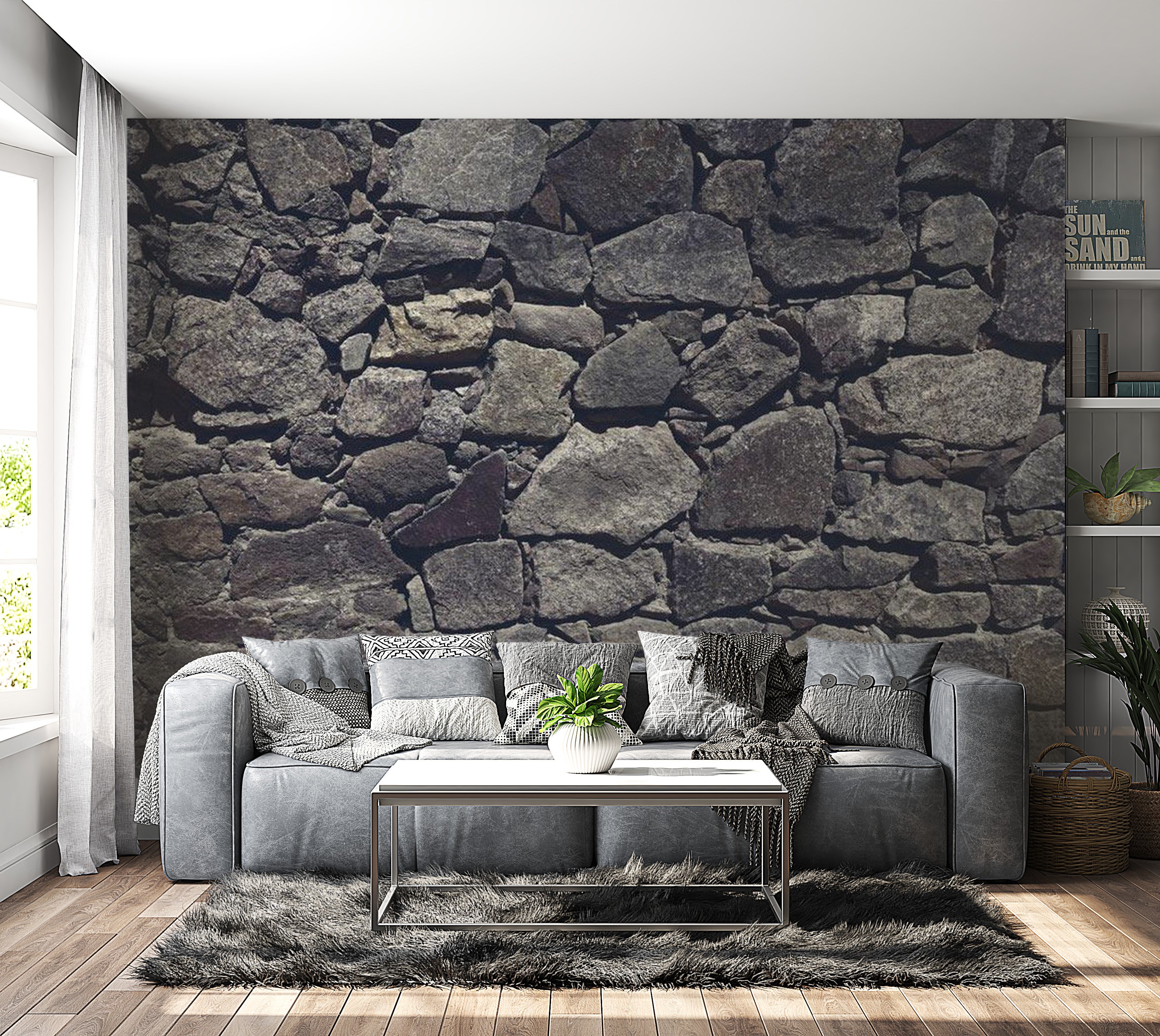 Background & Patterns Wallpaper Wall Mural - Dark Old Stacked Stone Wall 39"Wx27"H