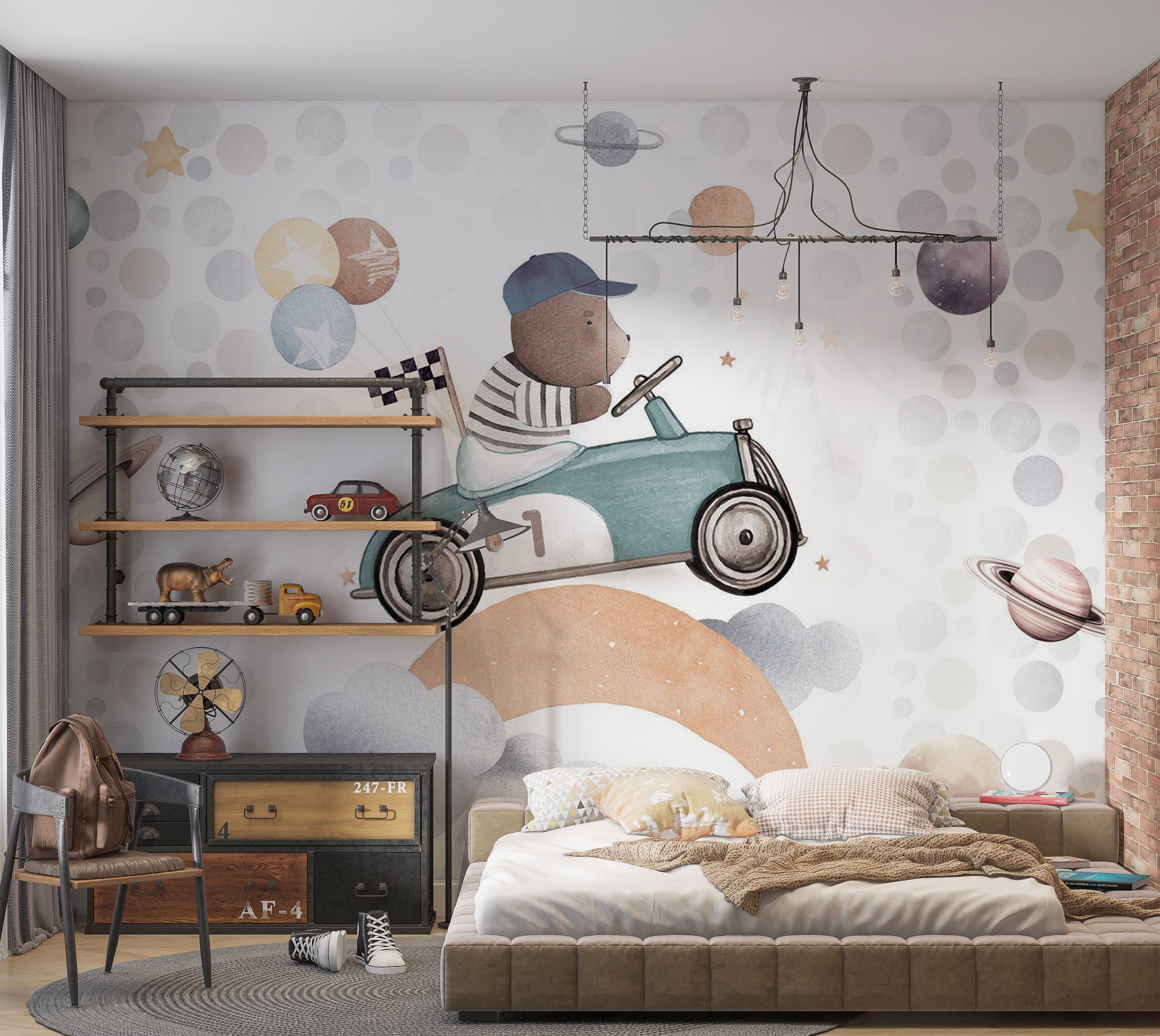 Kids Wallpaper Wall Mural - Teddy Bear in a Racing Car 39"Wx27"H / Standard