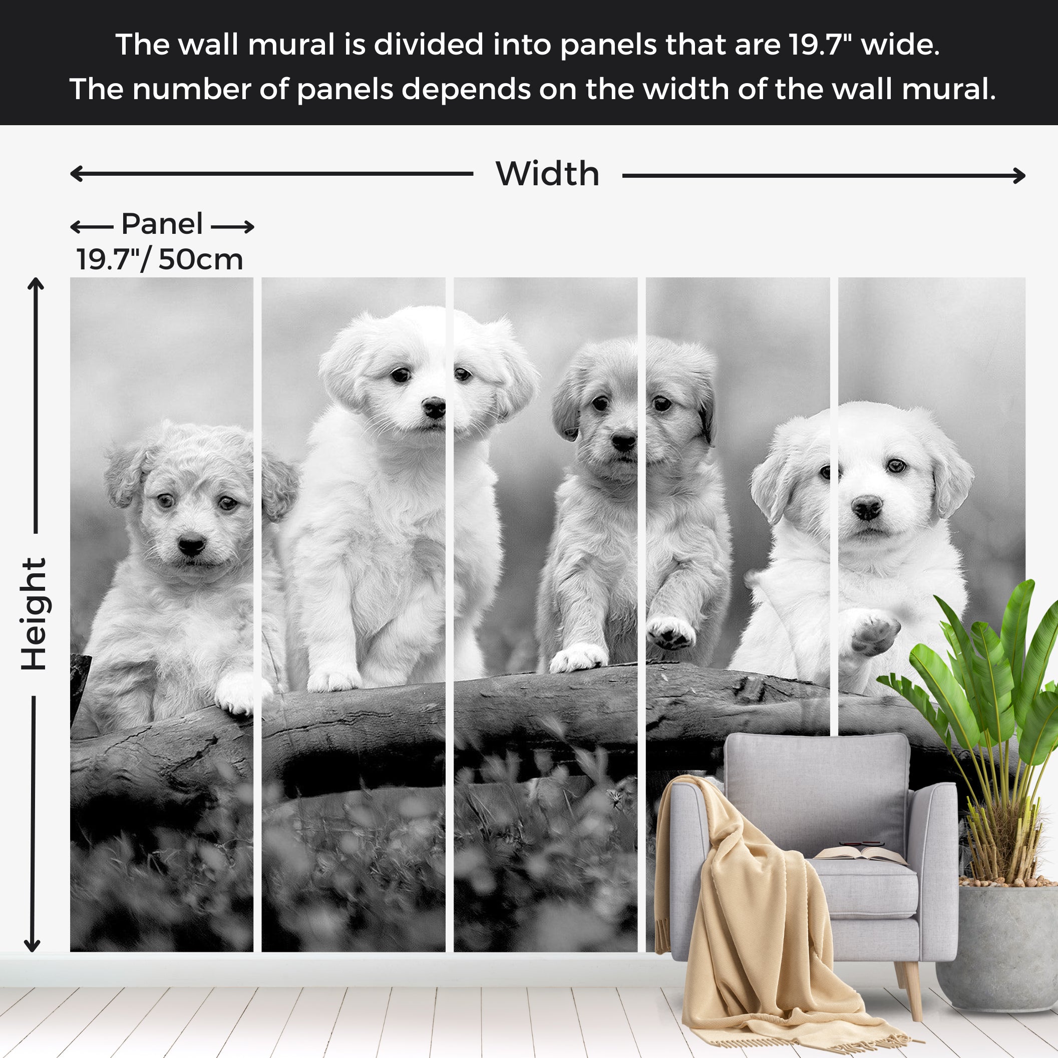 Animal Wallpaper Wall Mural - Four Puppies 39"Wx27"H / Standard