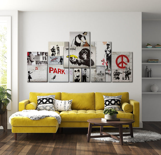 Stretched Canvas Street Art - Banksy Street Crimes Collage - 5 Pieces