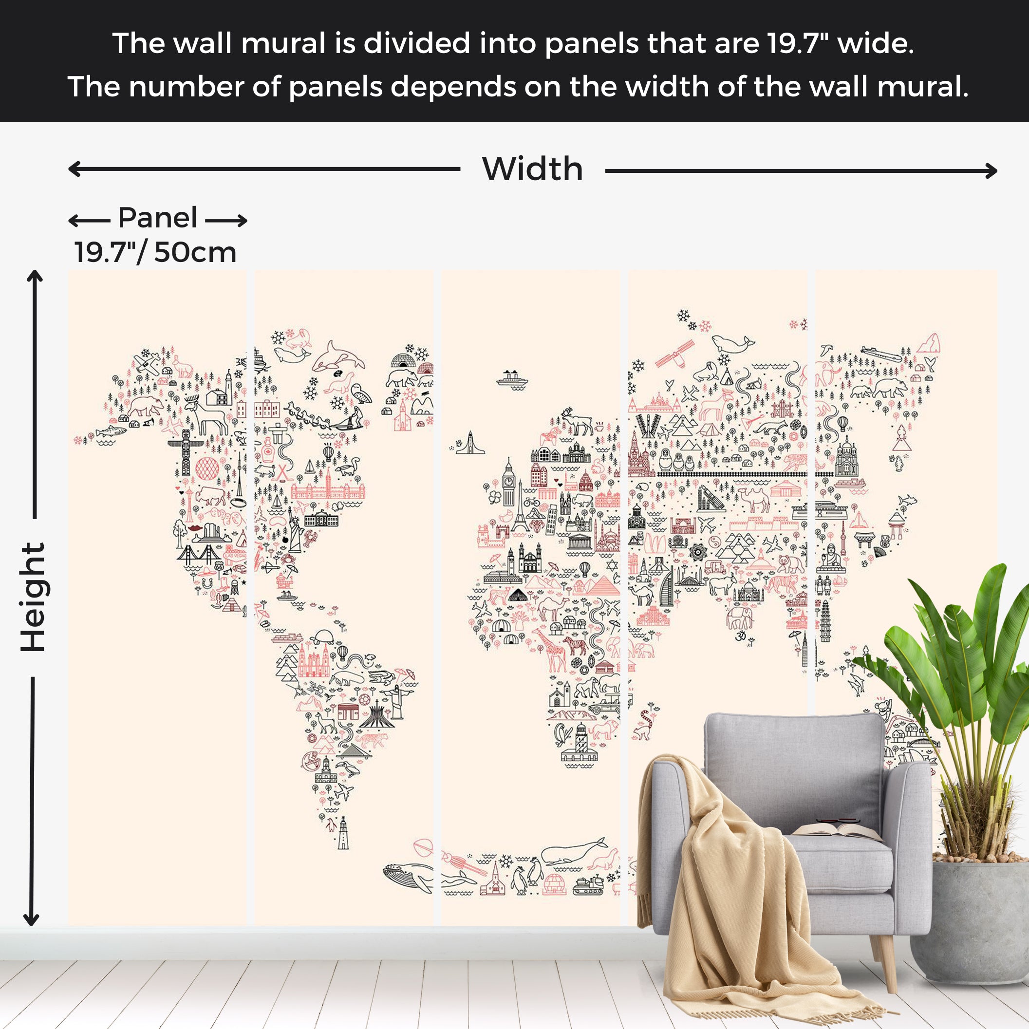 Kids Wallpaper Wall Mural - Worlf Map With Icons 39"Wx27"H / Standard