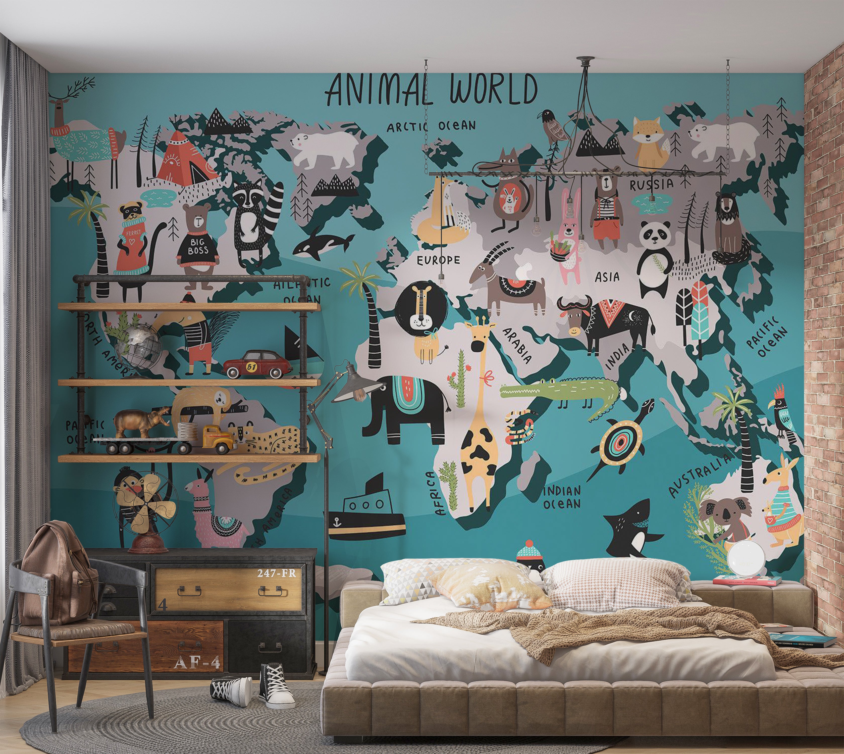 Kids Wallpaper Wall Mural - World Map With Animals 39"Wx27"H / Standard