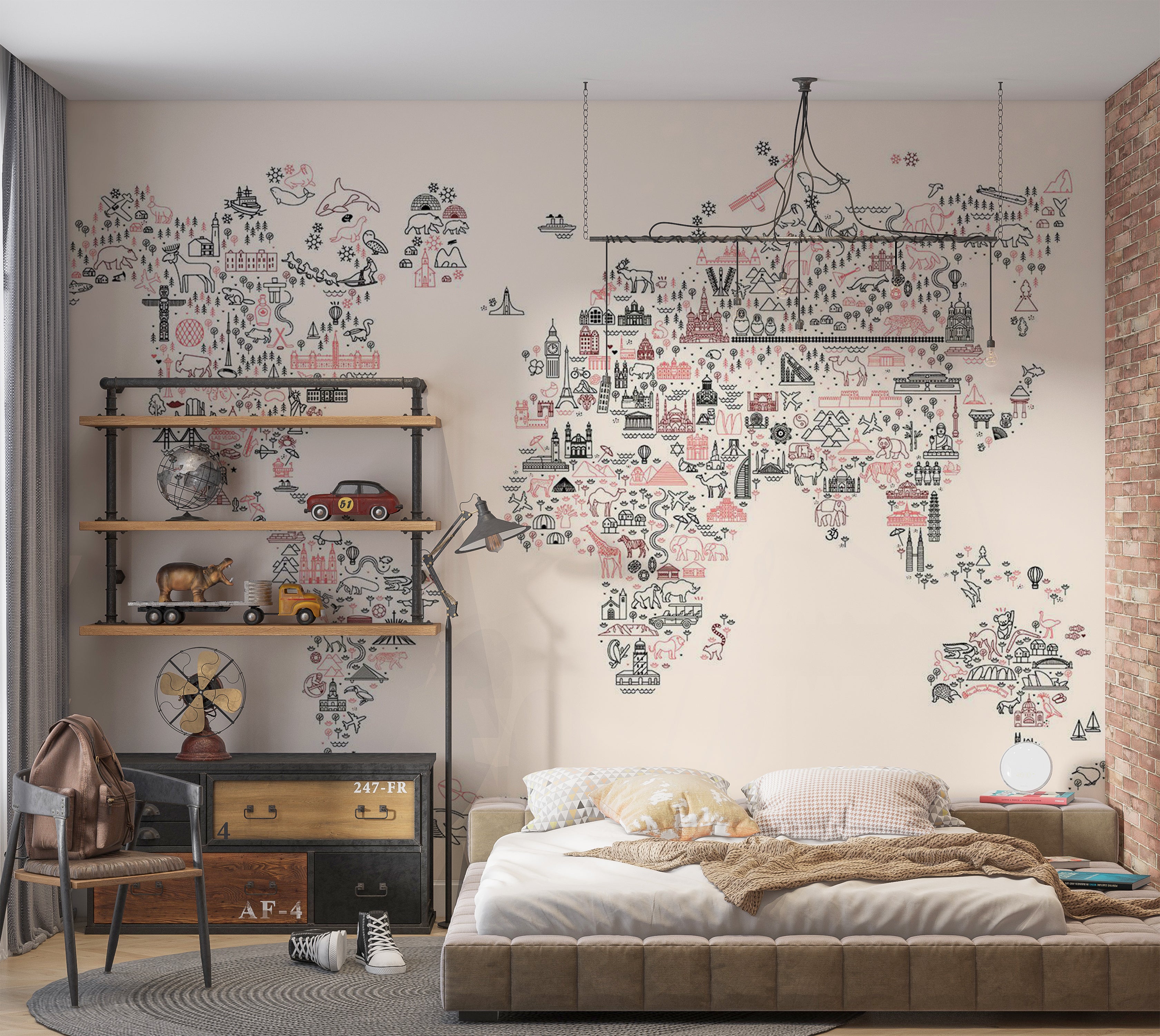 Kids Wallpaper Wall Mural - Worlf Map With Icons 39"Wx27"H / Standard