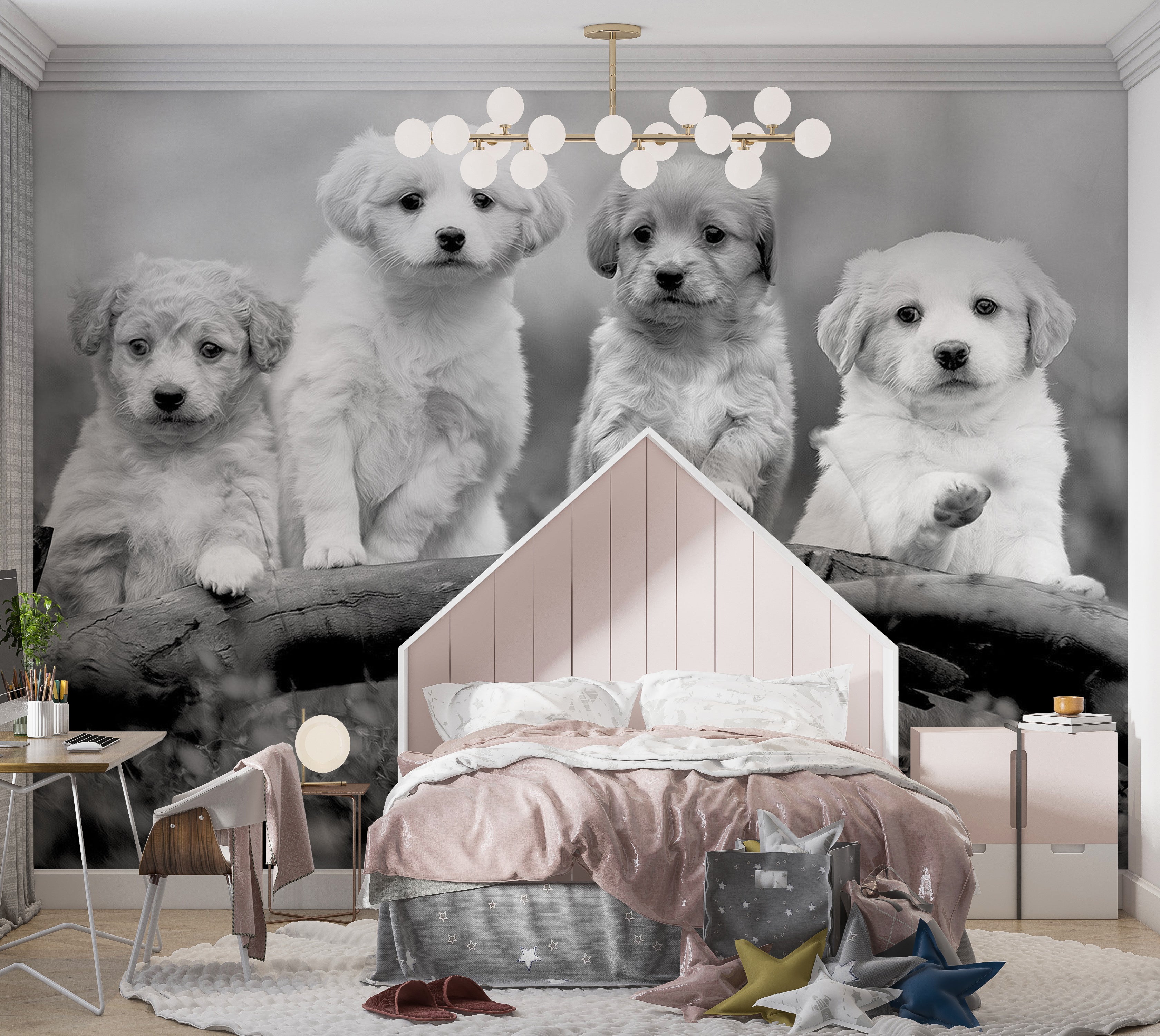 Animal Wallpaper Wall Mural - Four Puppies 39"Wx27"H / Standard