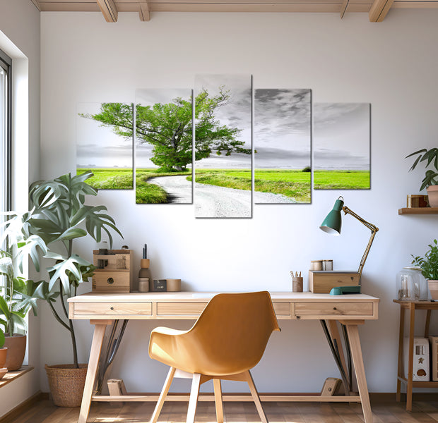 Stretched Canvas Landscape Art - Tree Near The Road Green 40"Wx20"H