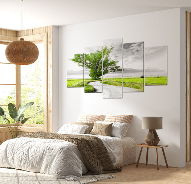 Stretched Canvas Landscape Art - Tree Near The Road Green 40"Wx20"H