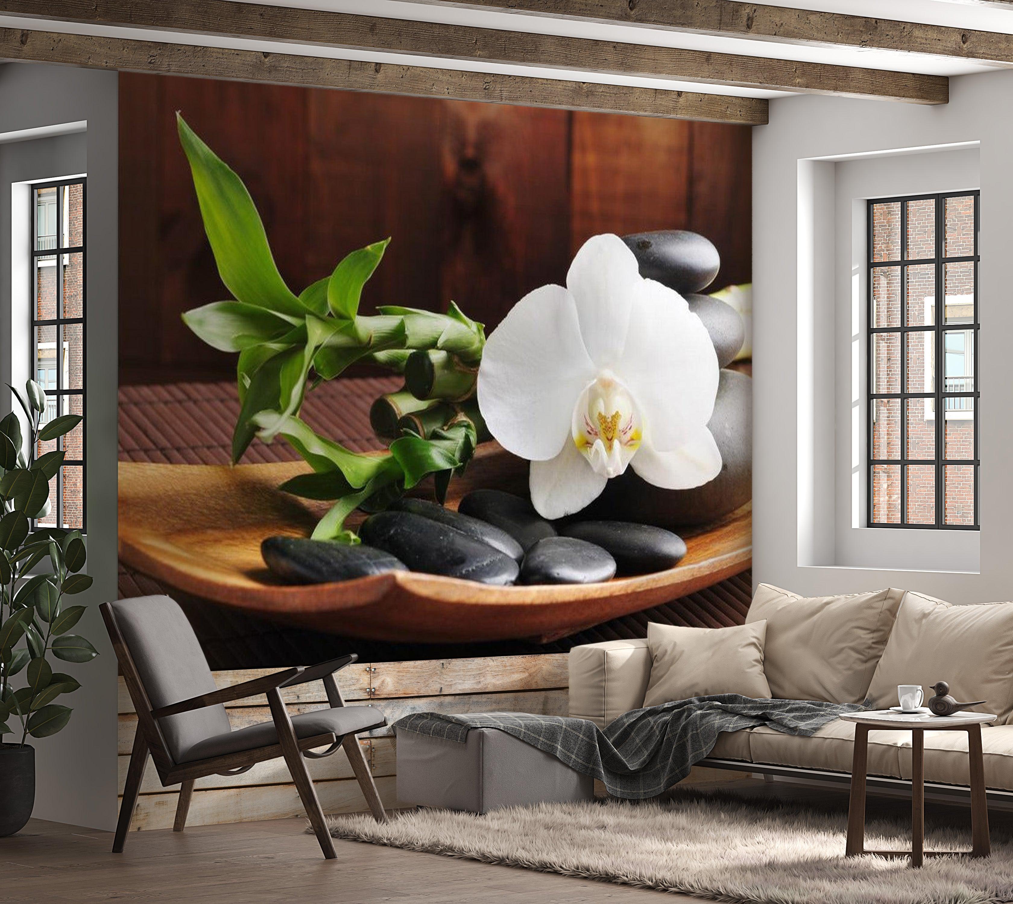 Zen Wallpaper Wall Mural - Bamboo, Black Stones & Orchid