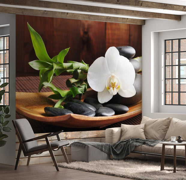 Zen Wallpaper Wall Mural - Bamboo, Black Stones & Orchid
