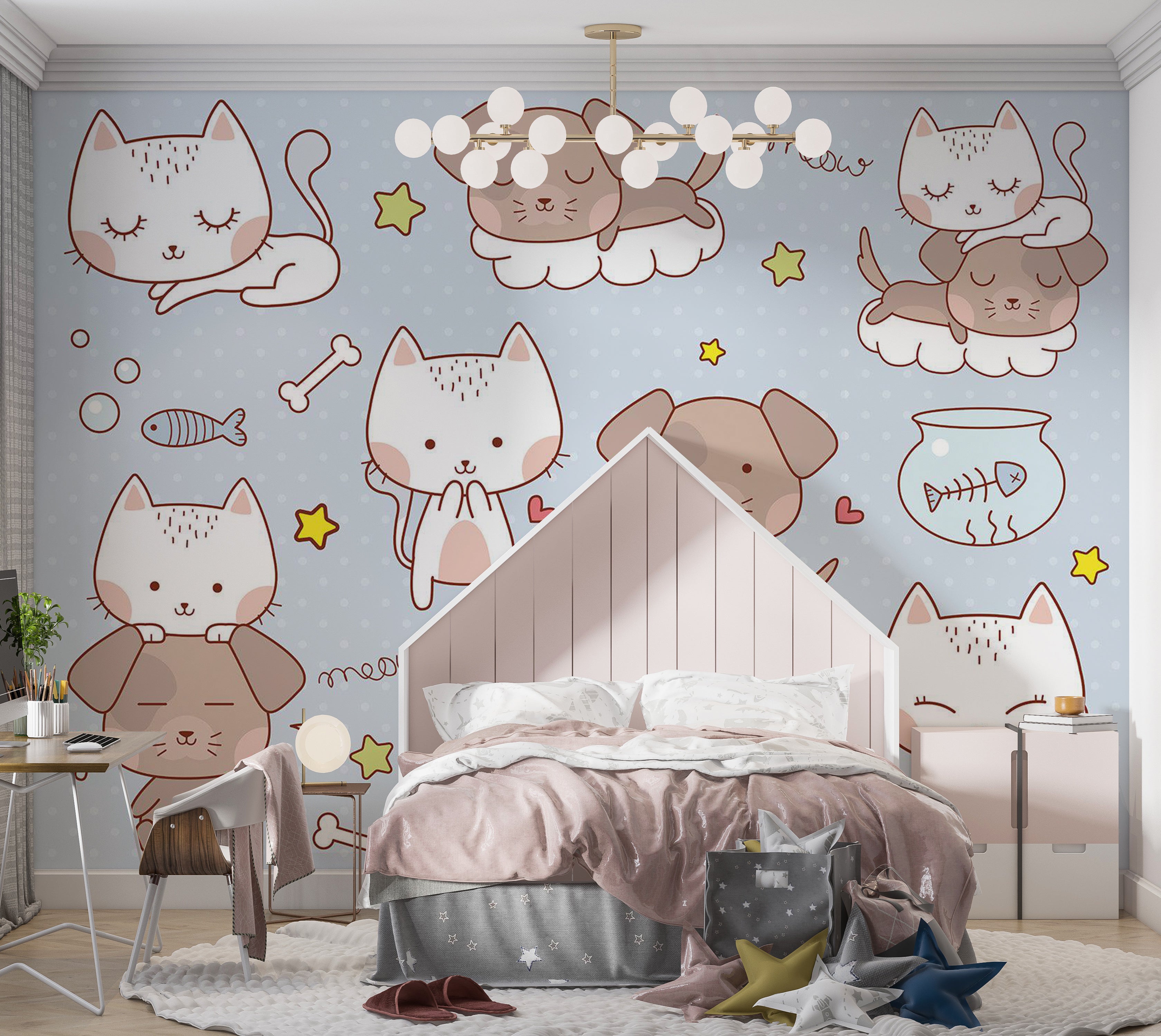 Kids Wallpaper Wall Mural - Cartoon Cats and Dogs 39"Wx27"H / Standard
