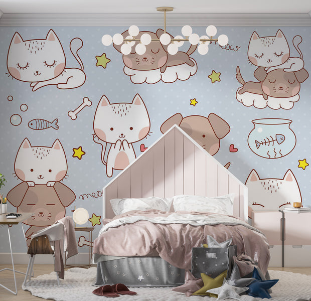 Kids Wallpaper Wall Mural - Cartoon Cats and Dogs 39"Wx27"H / Standard