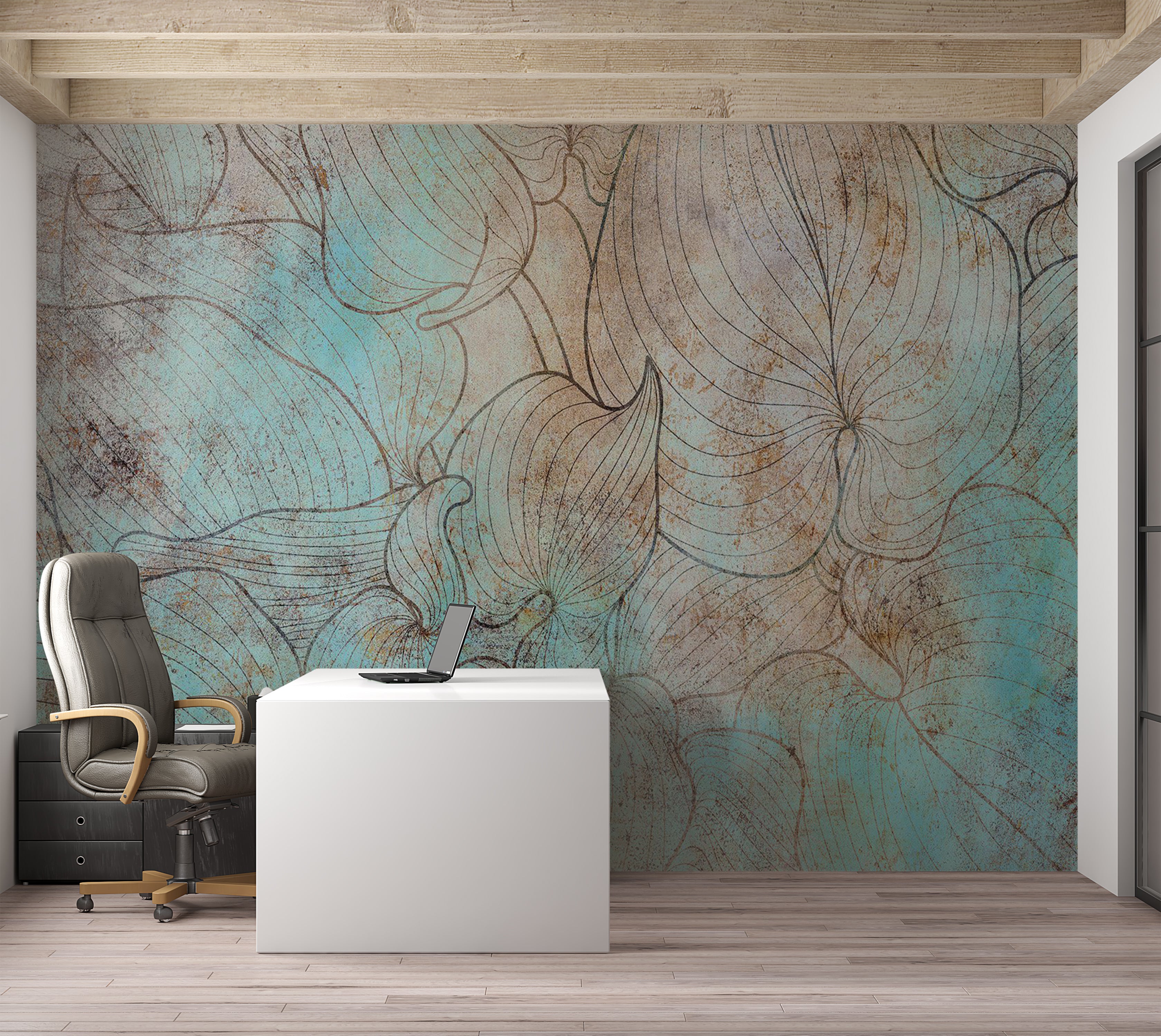 Botanical Wallpaper Wall Mural - Leaves in Blue 39"Wx27"H / Standard