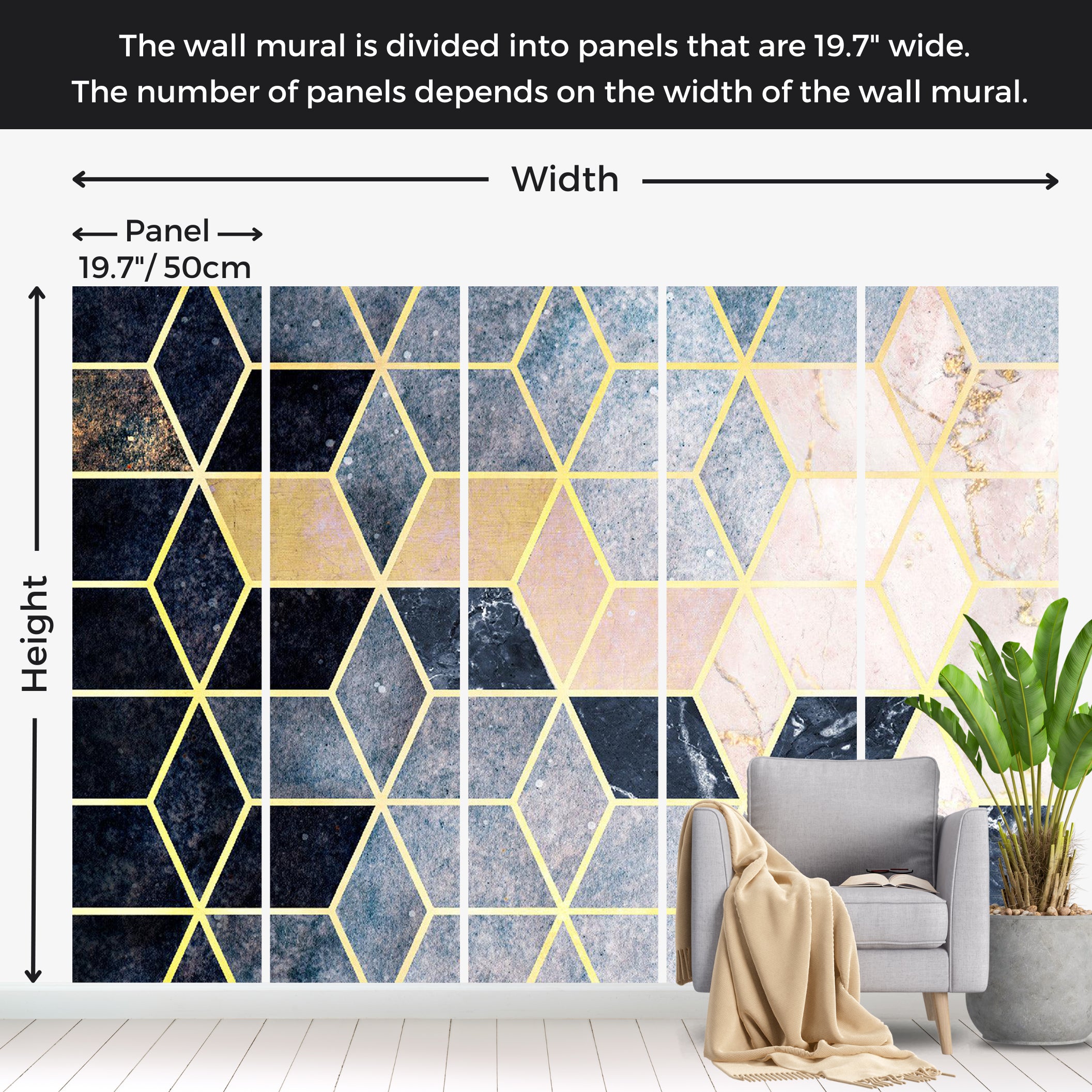 Abstract Wallpaper Wall Mural - Blue Geometric Pattern 39"Wx27"H / Standard