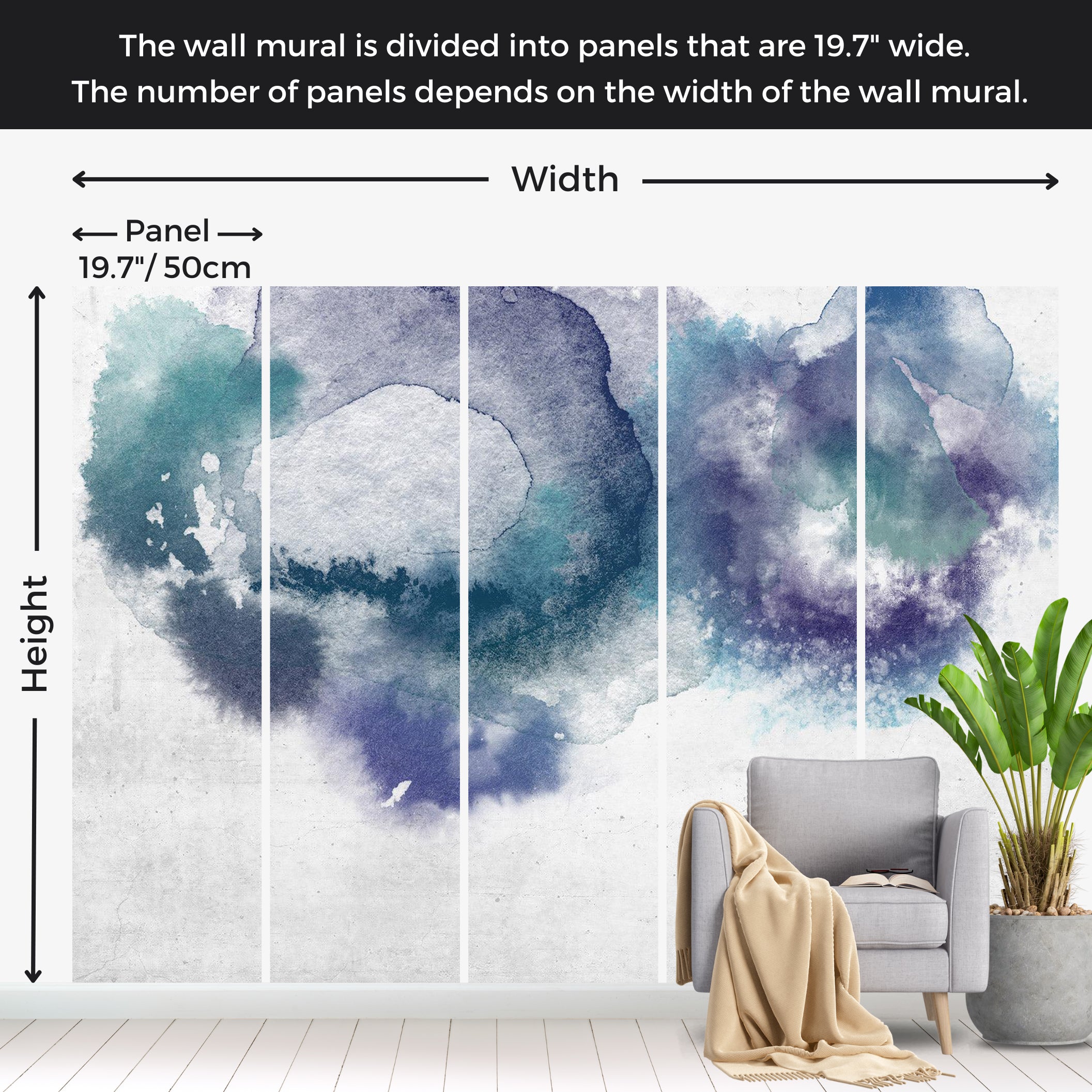 Abstract Wallpaper Wall Mural - Blue Watercolor Drops 39"Wx27"H / Standard