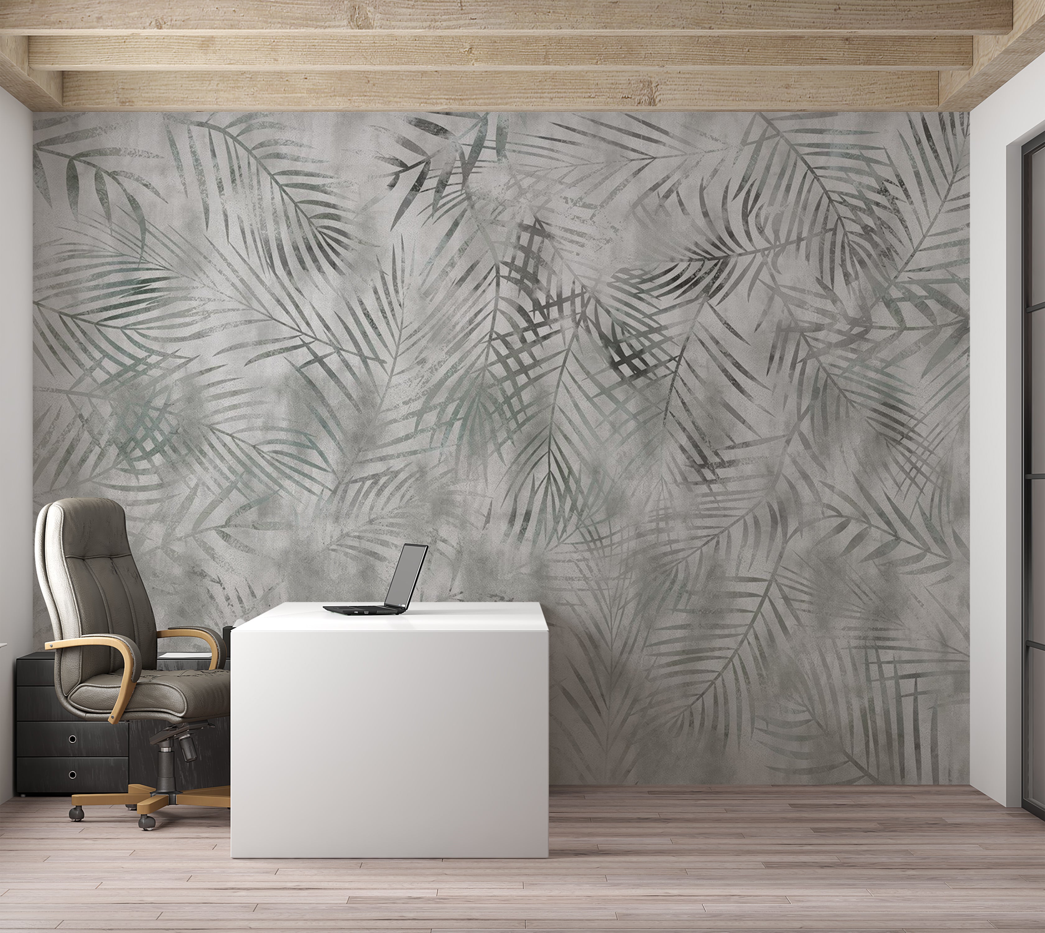 Botanical Wallpaper Wall Mural - Minimalist Grey Exotic Leaves 39"Wx27"H / Standard