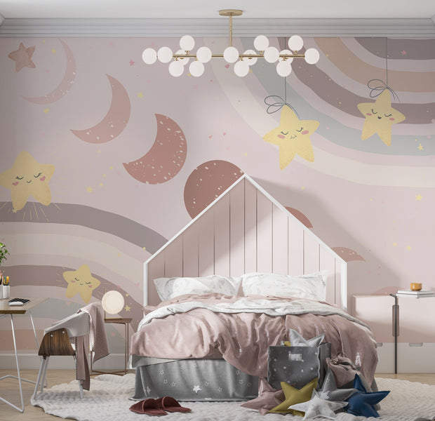 Kids Wallpaper Wall Mural - Moon Among Stars and Rainbows 39"Wx27"H / Standard