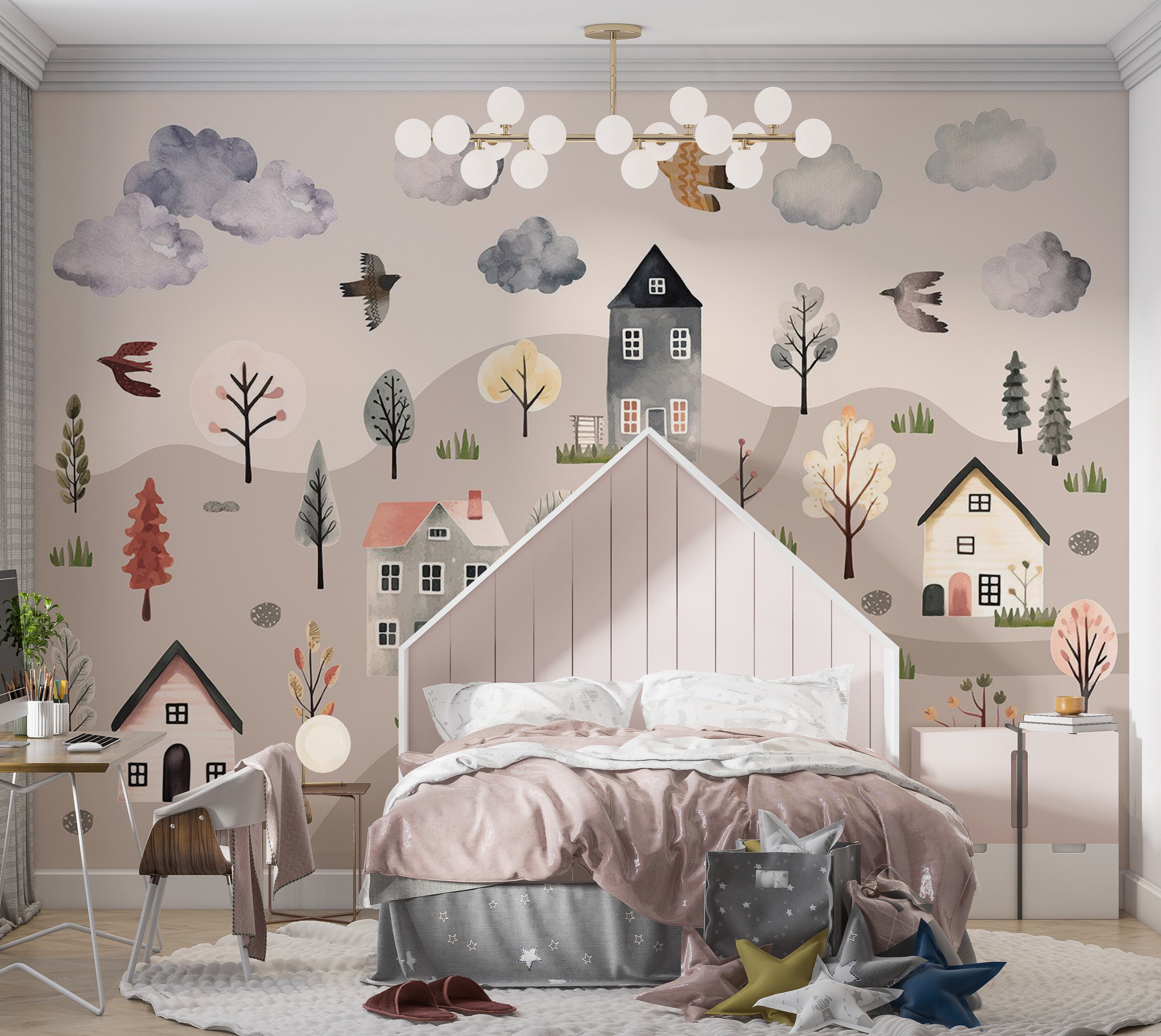 Kids Wallpaper Wall Mural - Scandinavian Valley in Pastel Colors 39"Wx27"H / Standard