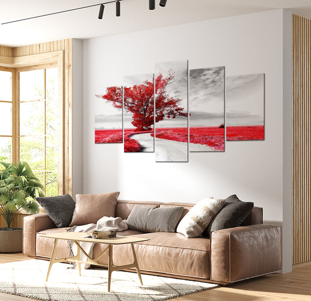 Stretched Canvas Landscape Art - Tree Near The Road Red 40"Wx20"H