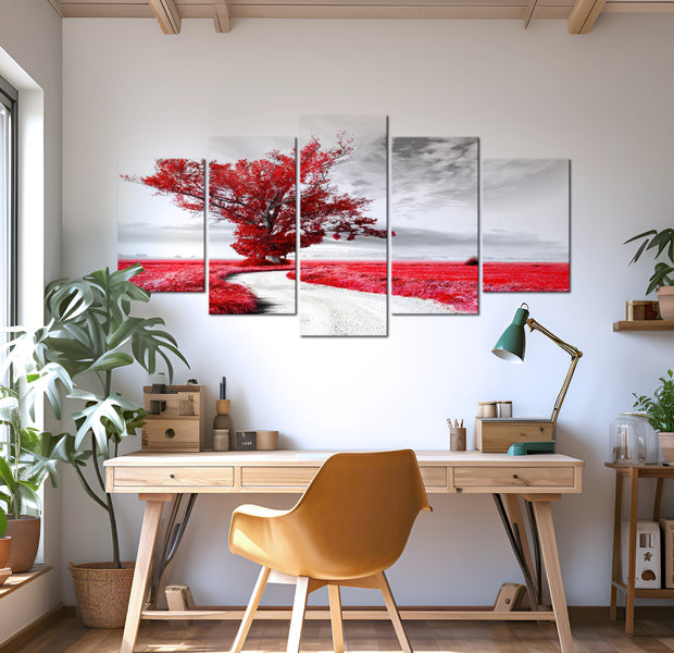 Stretched Canvas Landscape Art - Tree Near The Road Red 40"Wx20"H