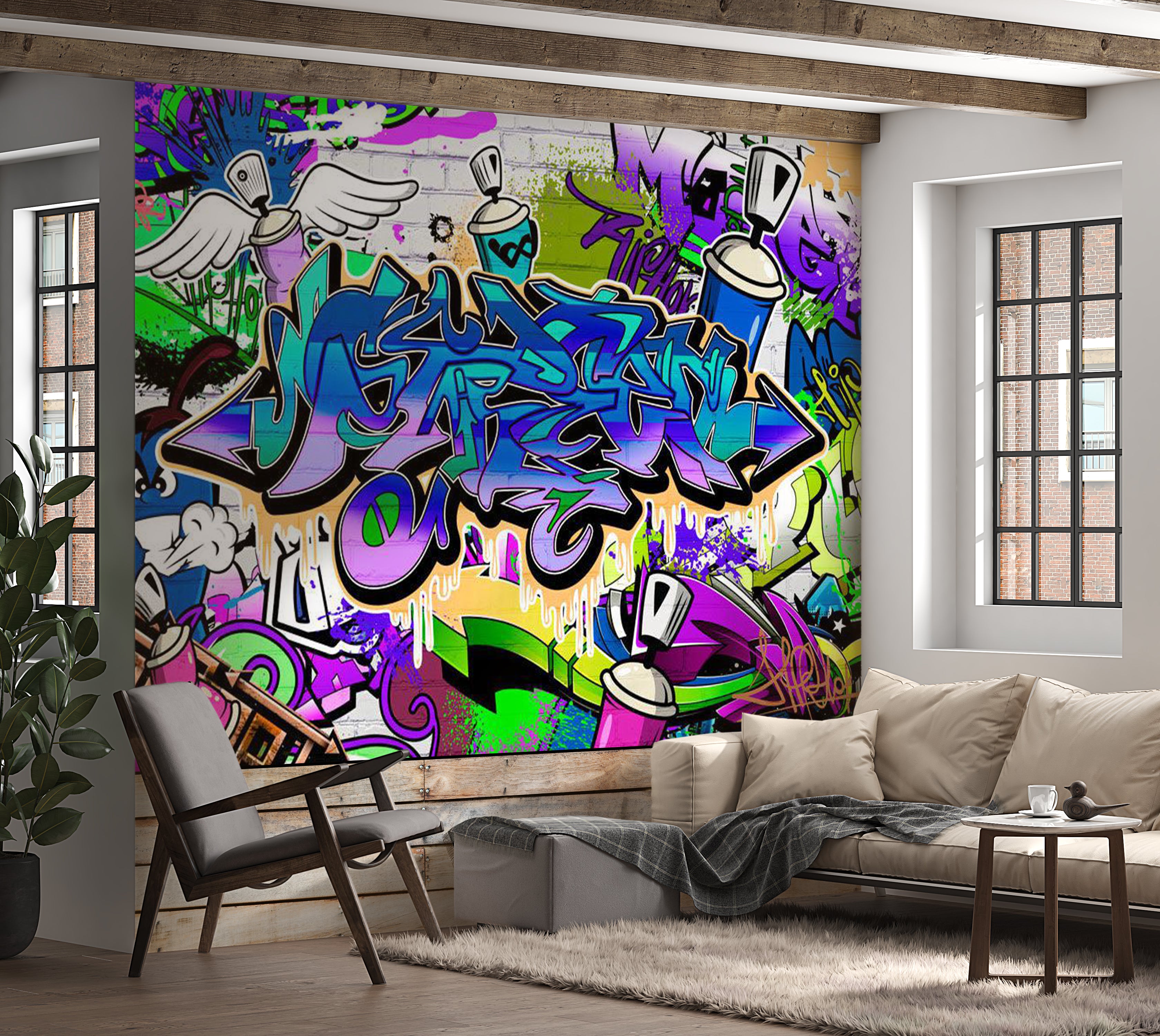 Peel & Stick Street Art Wall Mural - Graffiti Blue Theme 38"Wx27"H