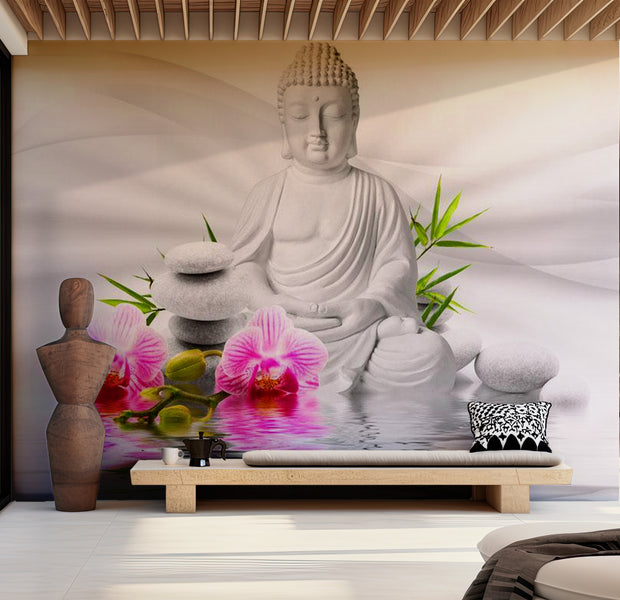 Zen Wallpaper Wall Mural - Buddha And Orchids 39"Wx27"H