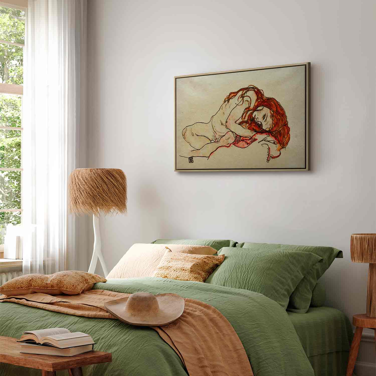 Floating Framed Canvas Art - Crouching Female Nude with Bending Head - Egon Schiele