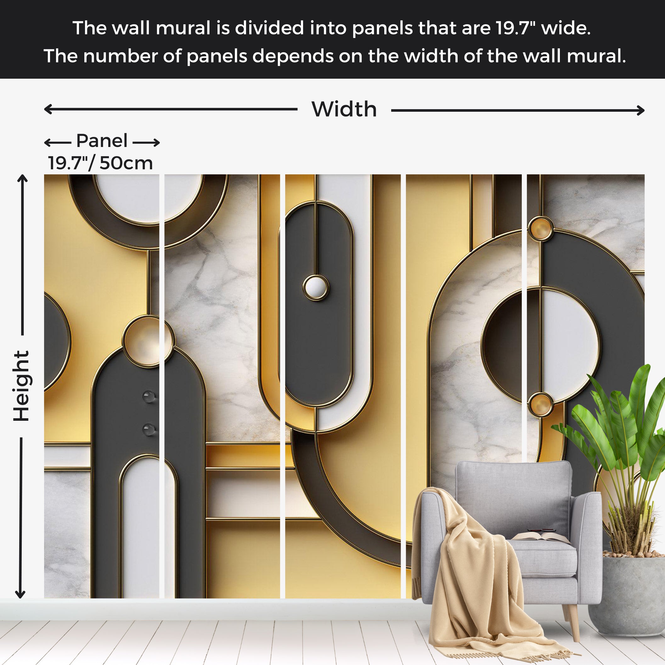 Abstract Wallpaper Wall Mural - Gold Marble Geometric Pattern 39"Wx27"H / Standard