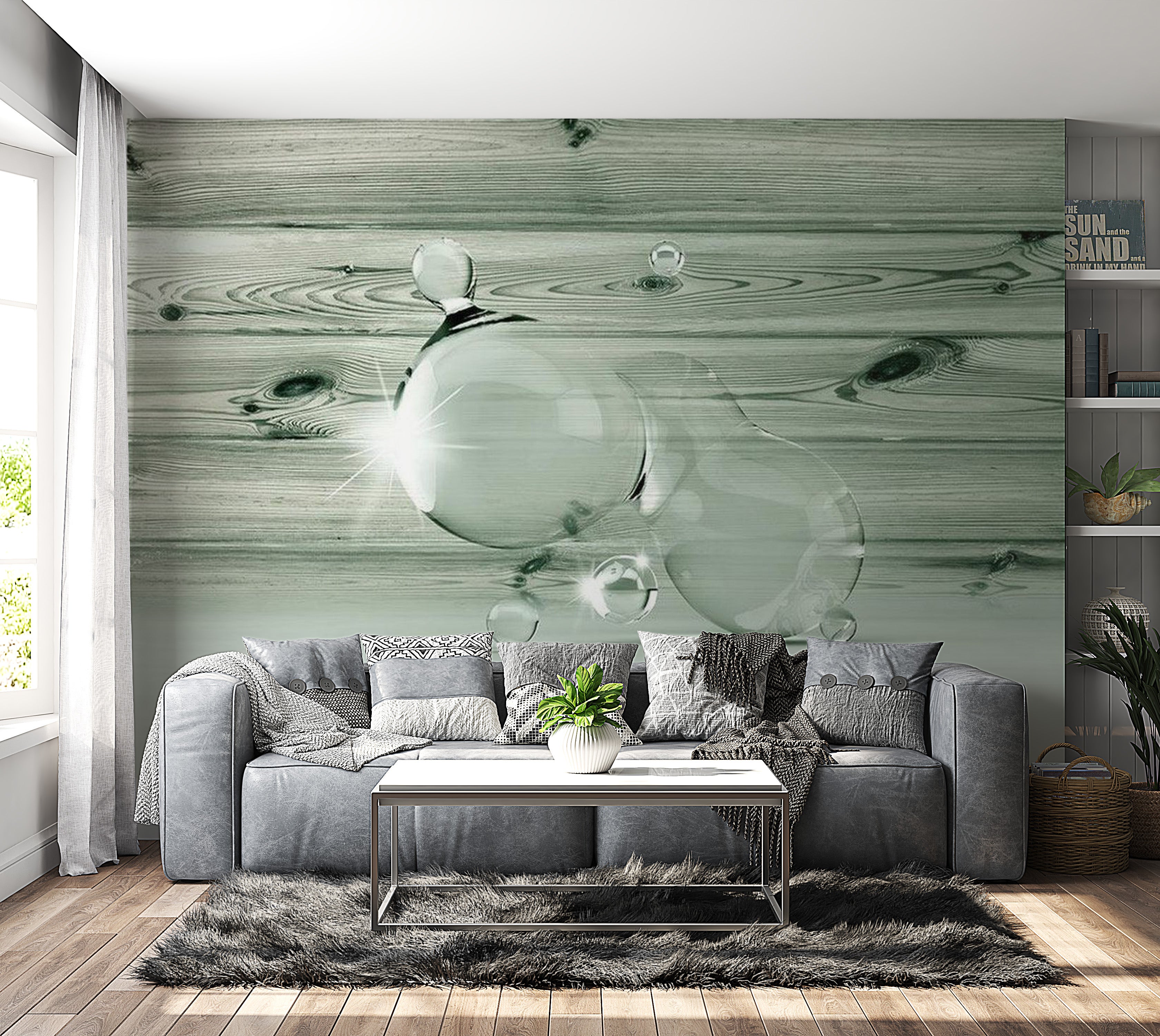 Background & Patterns Wallpaper Wall Mural - Drops Of Water On Wood 39"Wx27"H