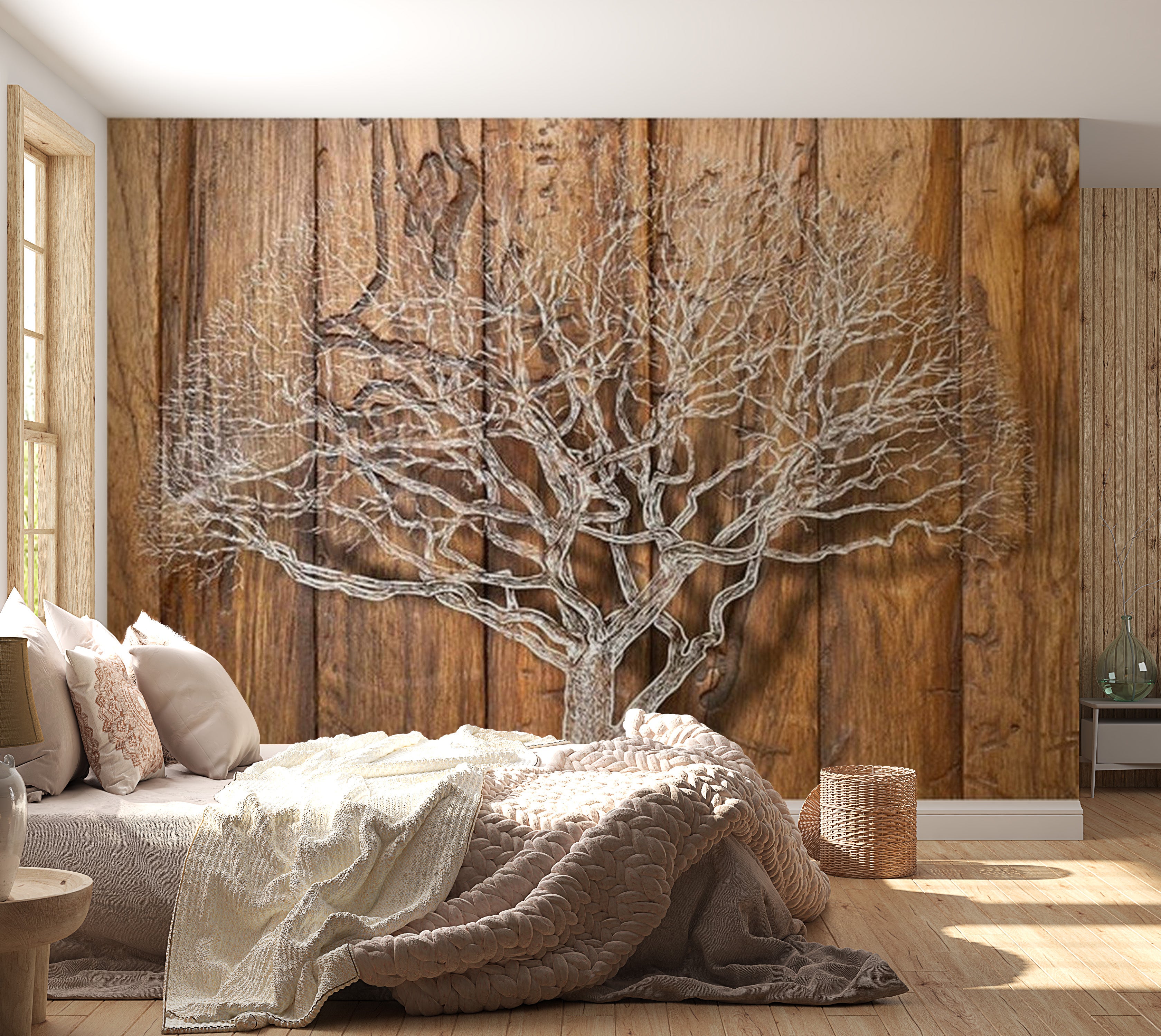 Background & Patterns Wallpaper Wall Mural - Tree Of Life On Wooden Background 39"Wx27"H