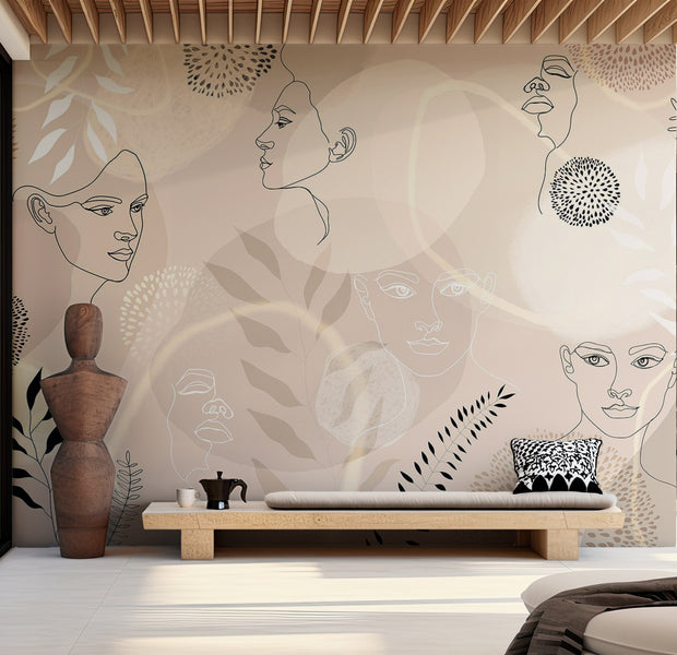 Abstract Wallpaper Wall Mural - Potrait Line Art 39"Wx27"H / Standard