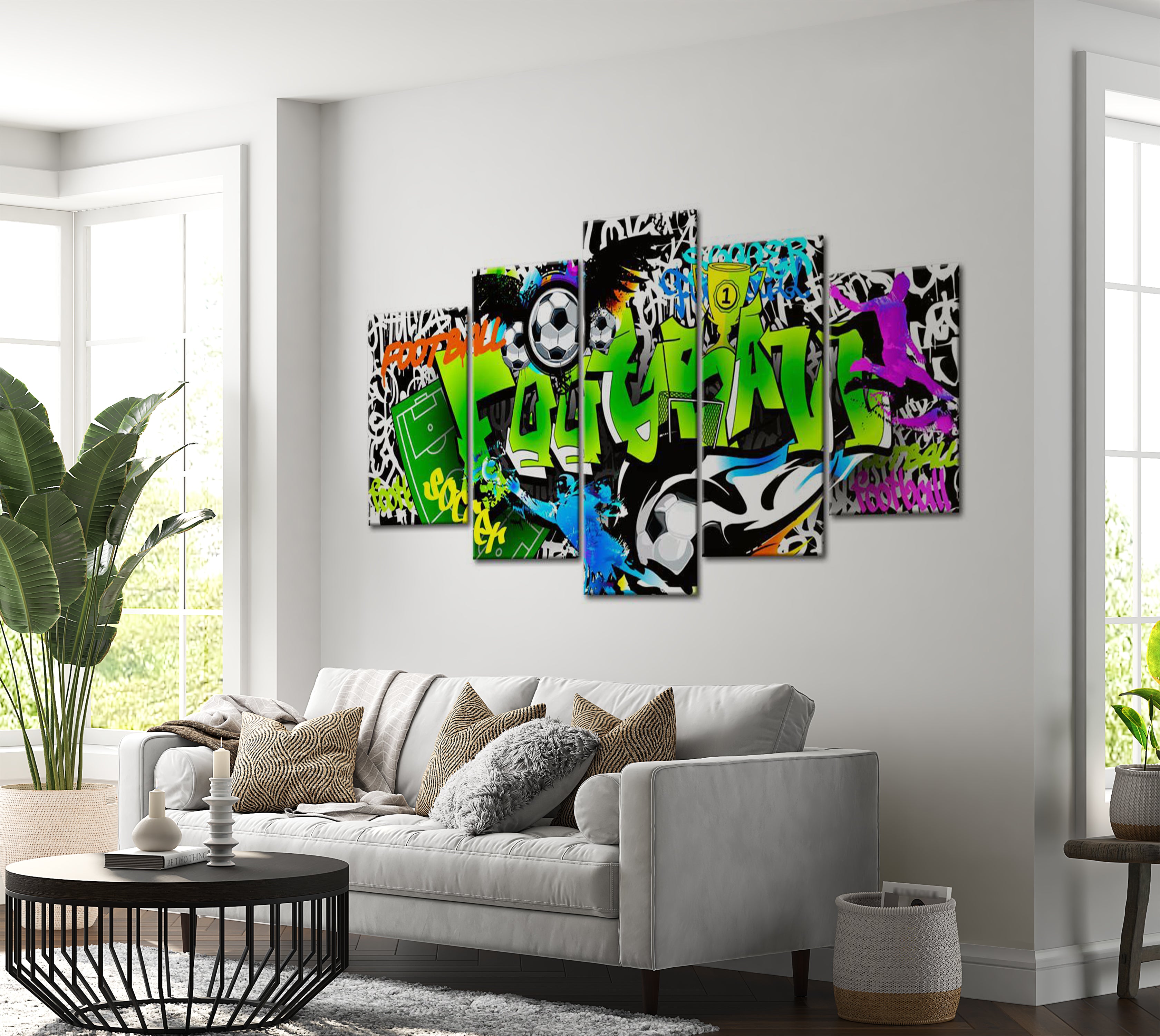 Stretched Canvas Street Art - Football Mania Green  - 5 Pieces 40"Wx20"H