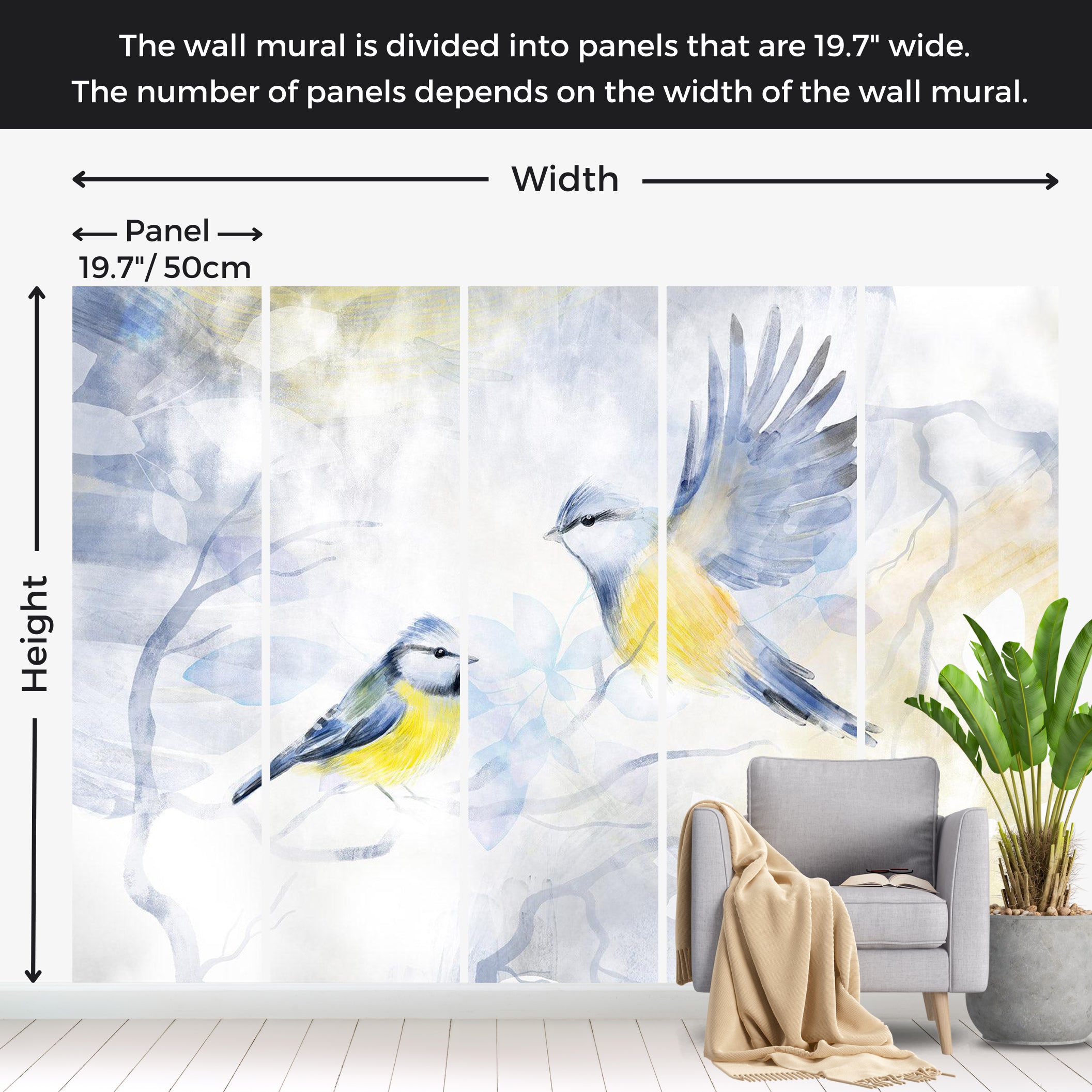 Animal Wallpaper Wall Mural - Watercolor Birds Blue 39"Wx27"H / Standard