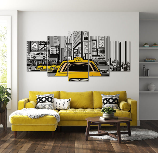 Stretched Canvas Street Art - Yellow Cartoon Taxi - 5 Pieces