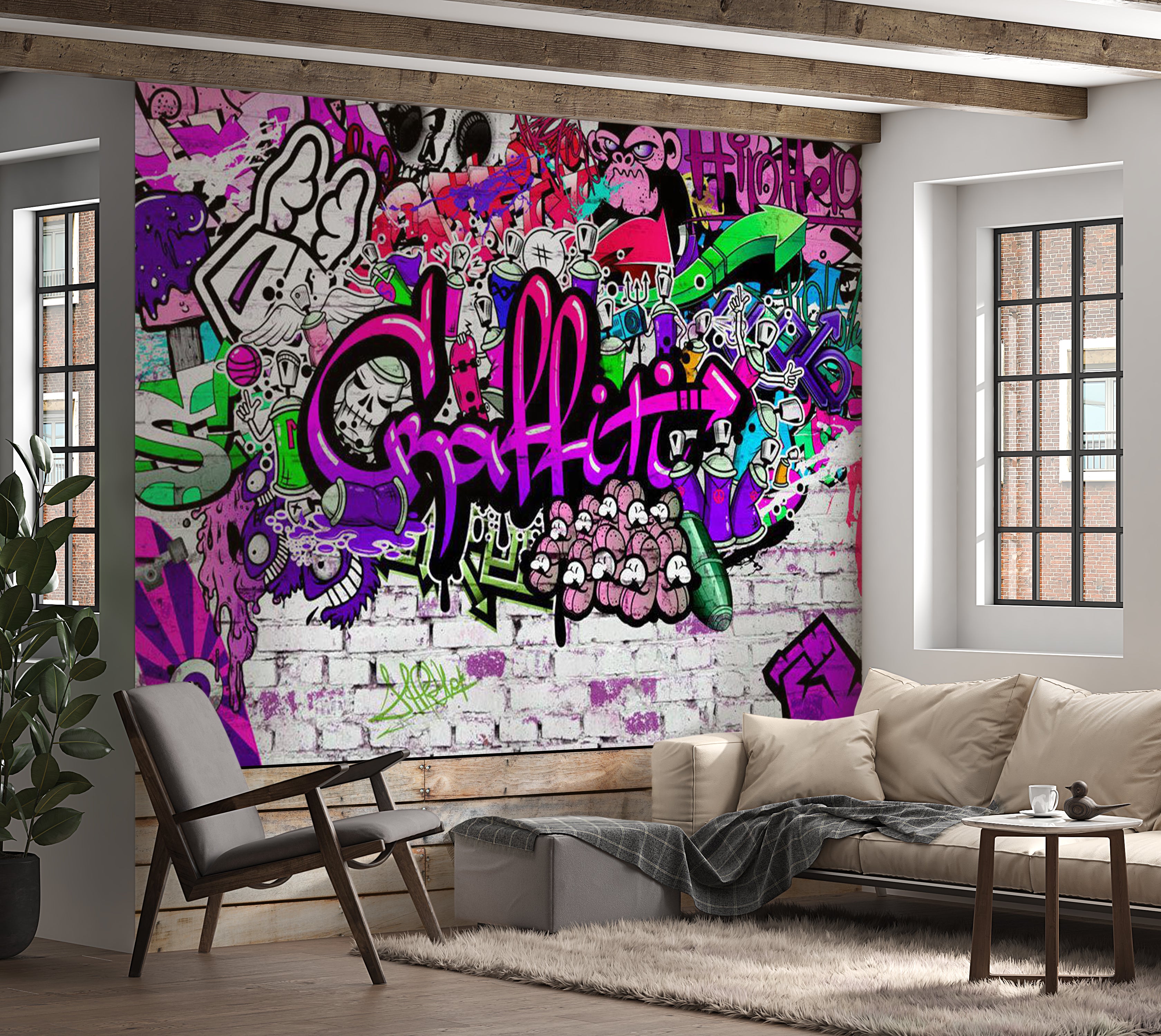 Peel & Stick Street Art Wall Mural - Purple Graffiti 38"Wx27"H