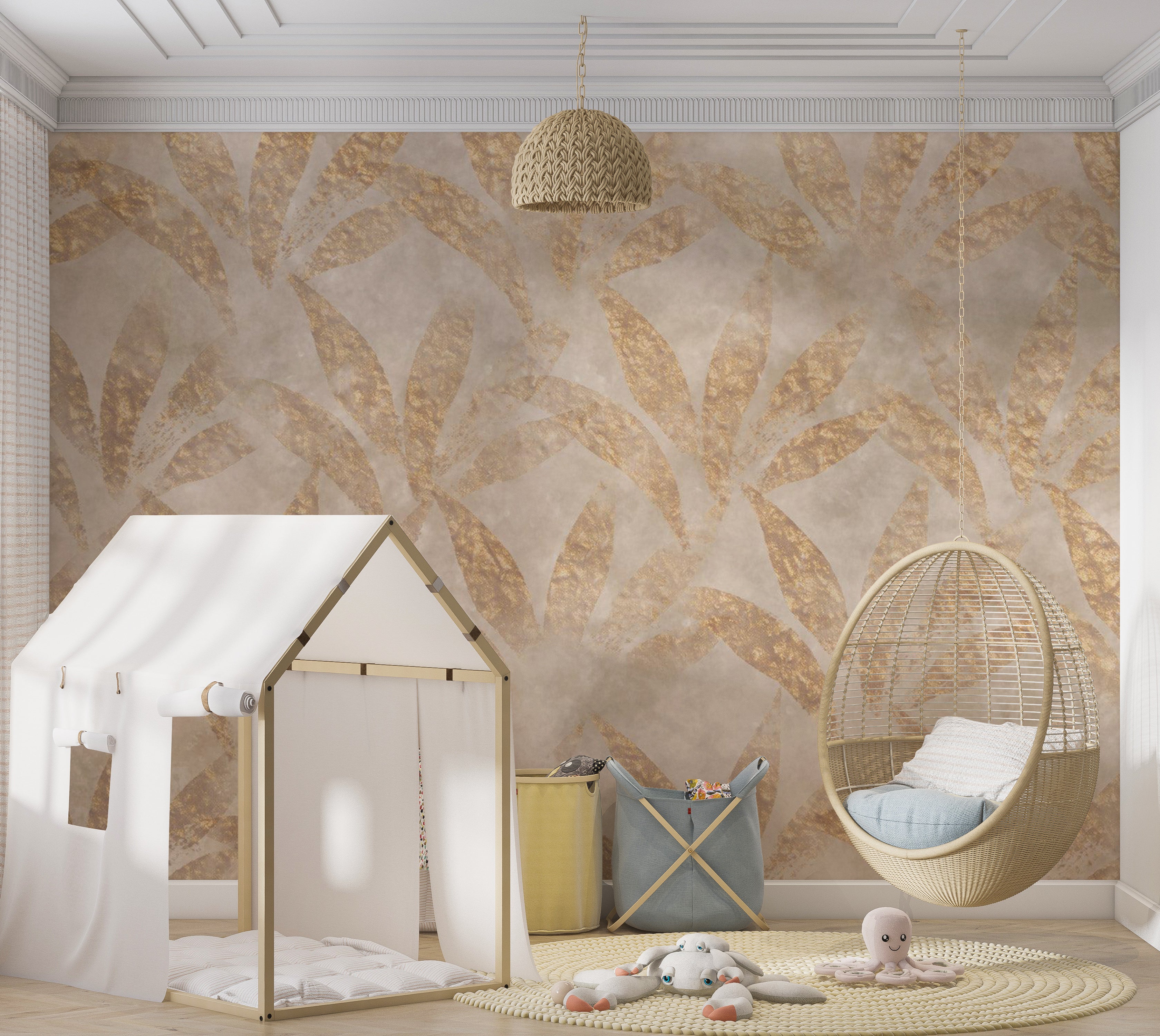 Botanical Wallpaper Wall Mural - Leaves and Gold 39"Wx27"H / Standard